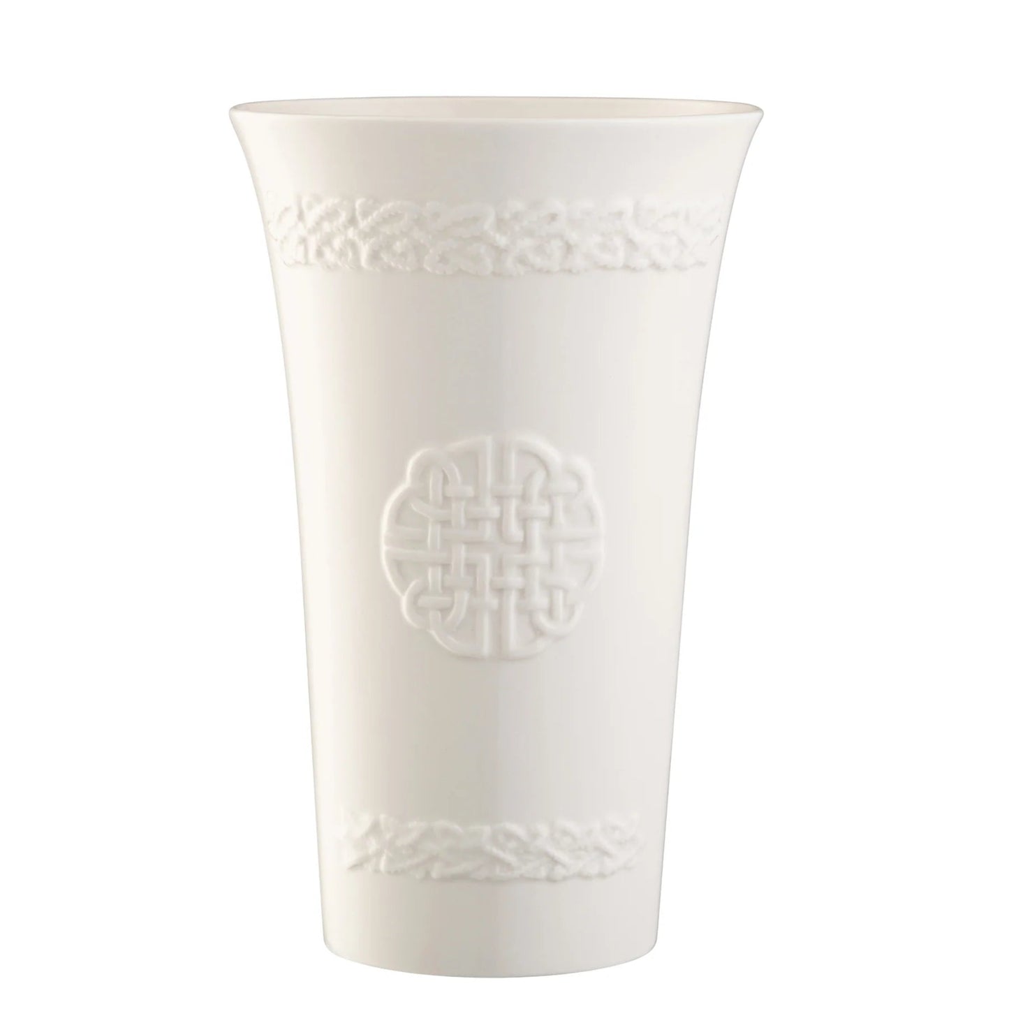 White porcelain vase with embossed Celtic knotwork.