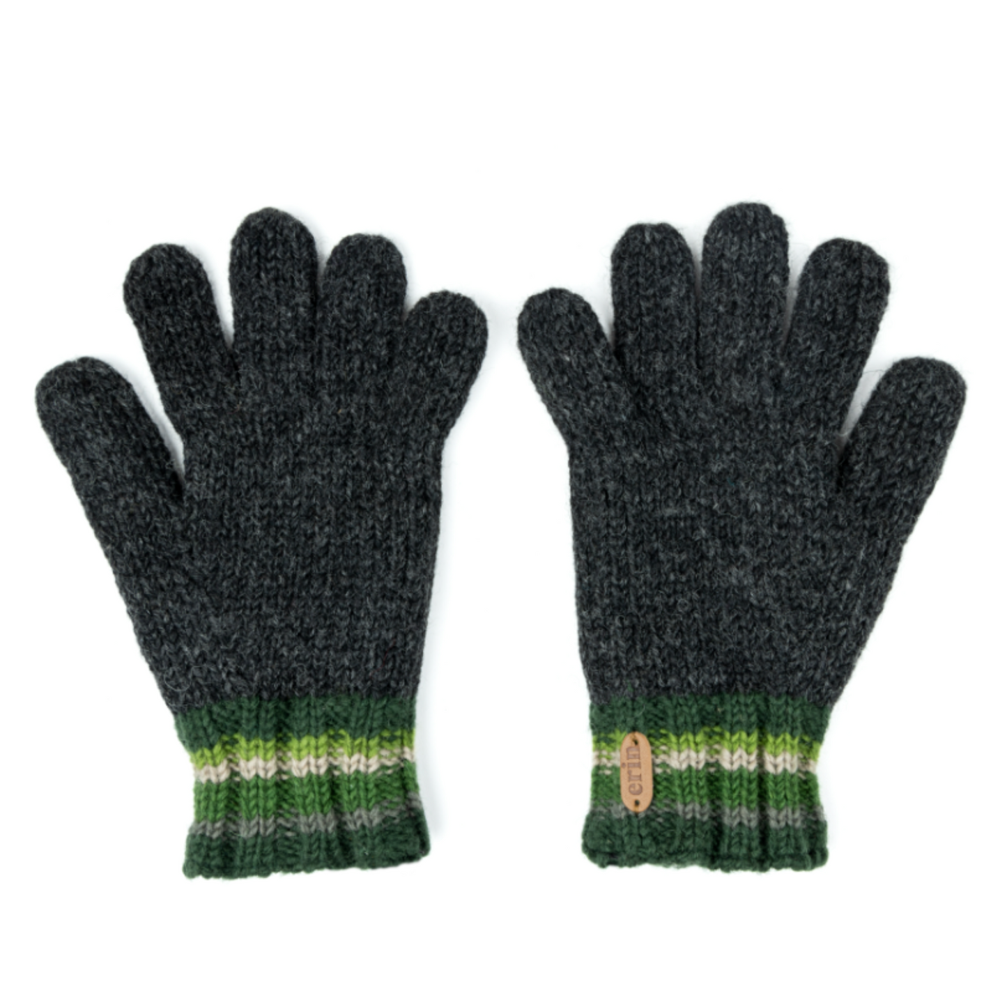 A pair of dark grey knit gloves with green banding around the wrist.