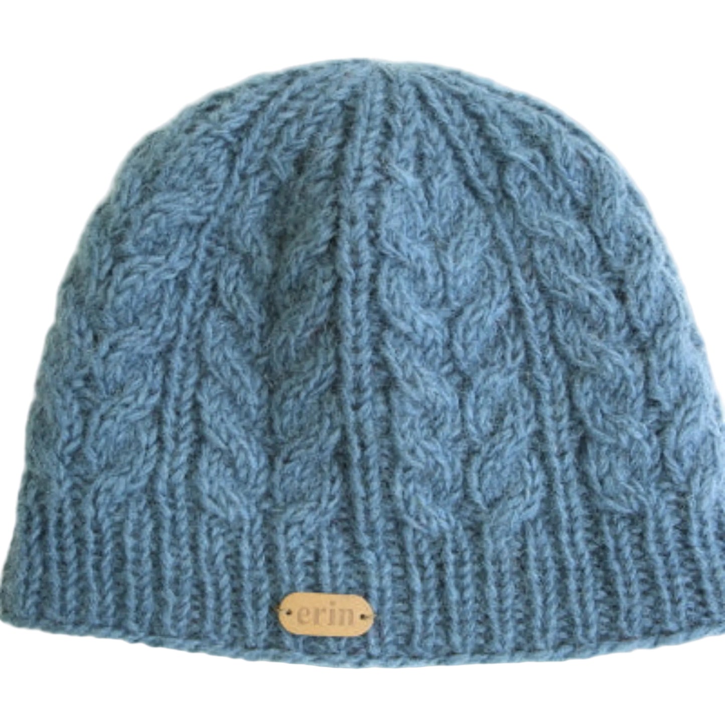Blue knit beanie with a small wooden tag