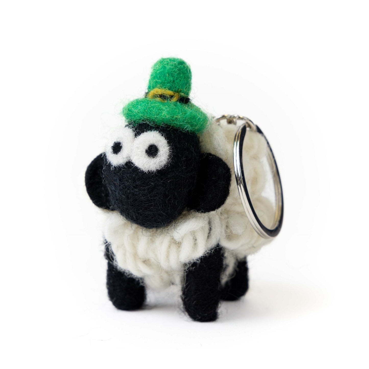 Small wool sheep keyring with a green felt leprechaun hat