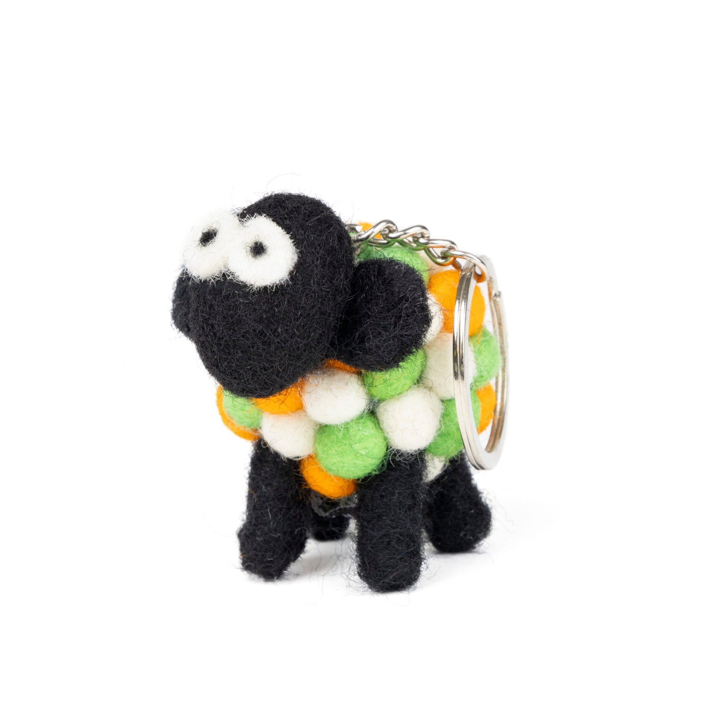 Sheep keychain with orange, white, and green tricolor wool.