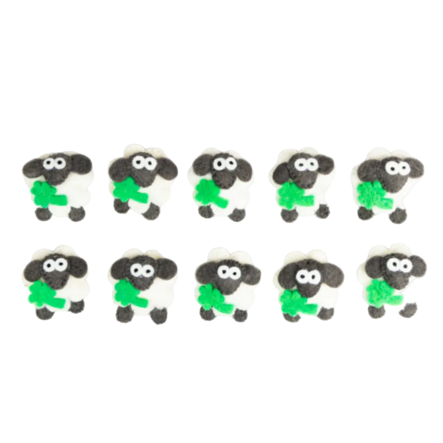 Ten felt sheep magnets holding green felt shamrocks