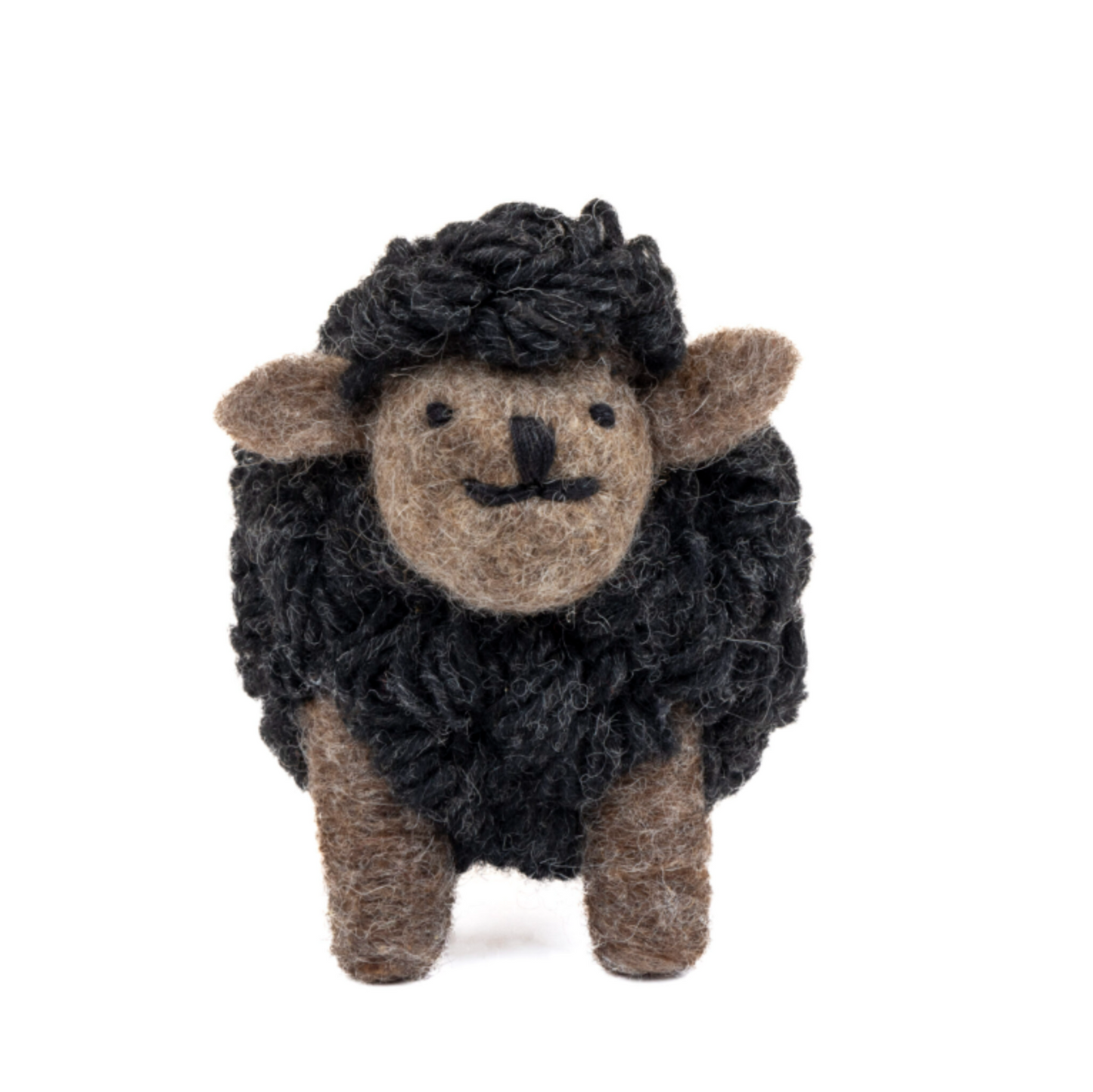 Black wool sheep plush with a brown felt face and ears