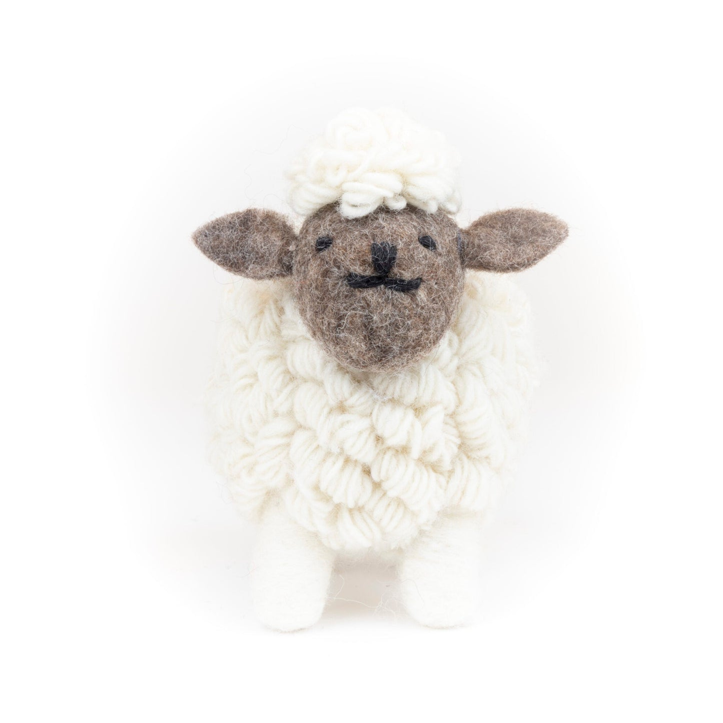 Wool sheep plush with a brown felt face and ears