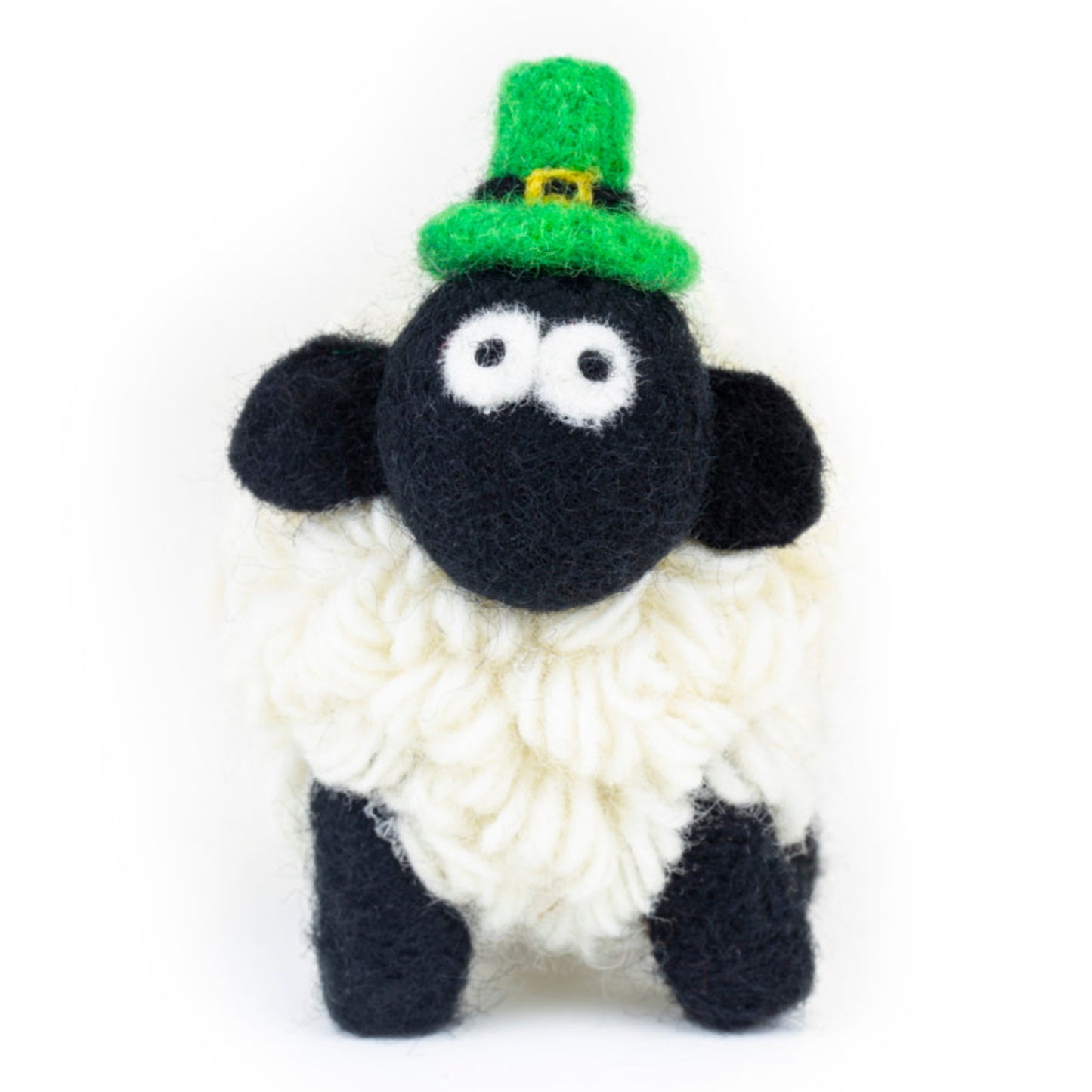 Wool sheep with a black face and white wool wearing a green leprechaun hat.