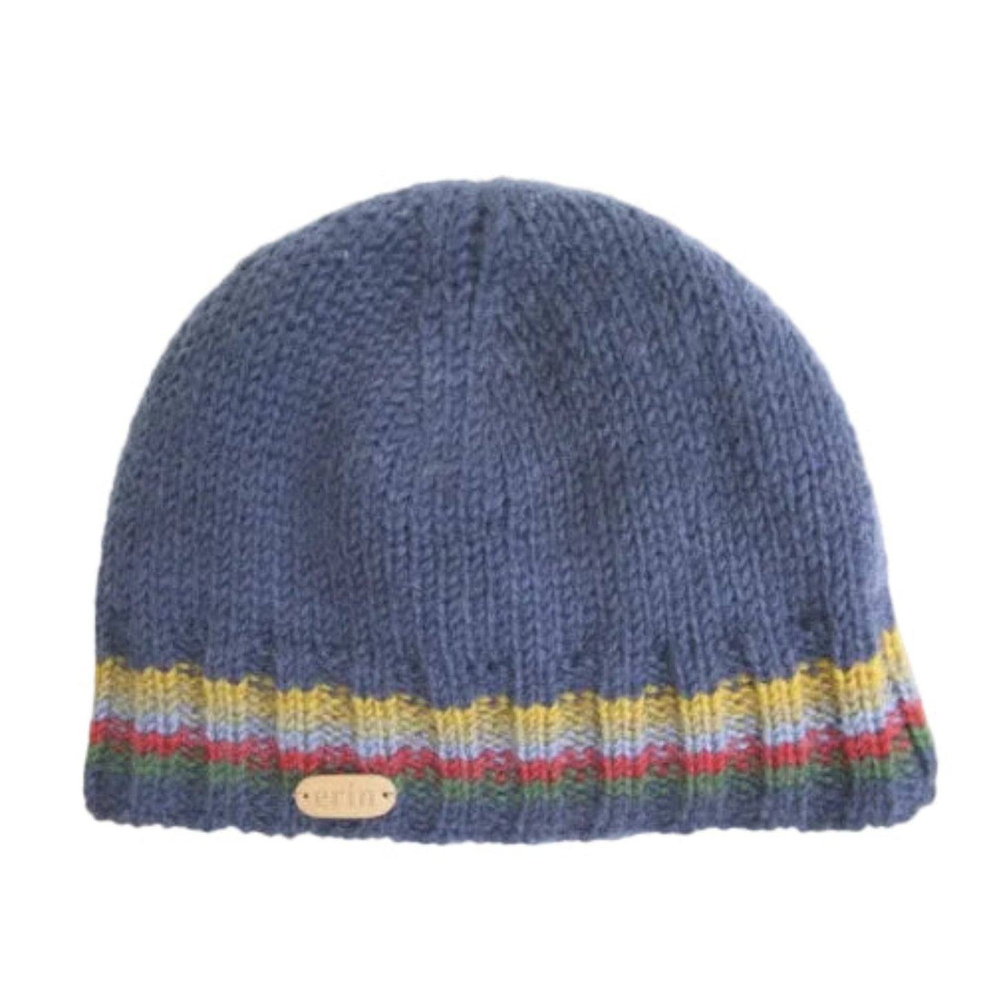 Blue knit beanie with colorful multicolor trim