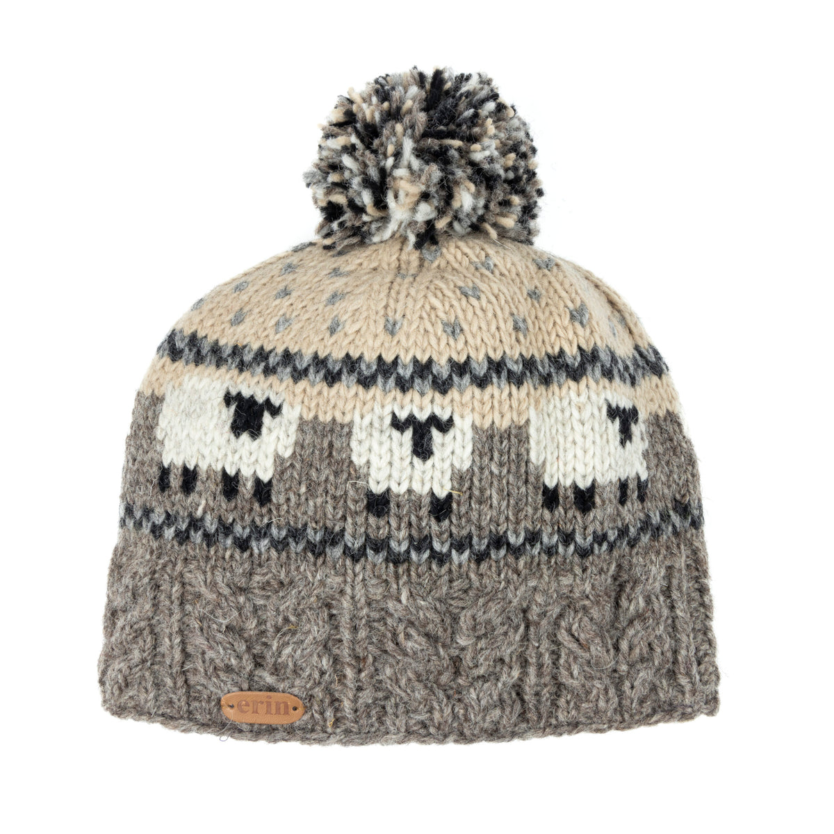 Grey, beige, and white wool bobble hat with sheep pattern