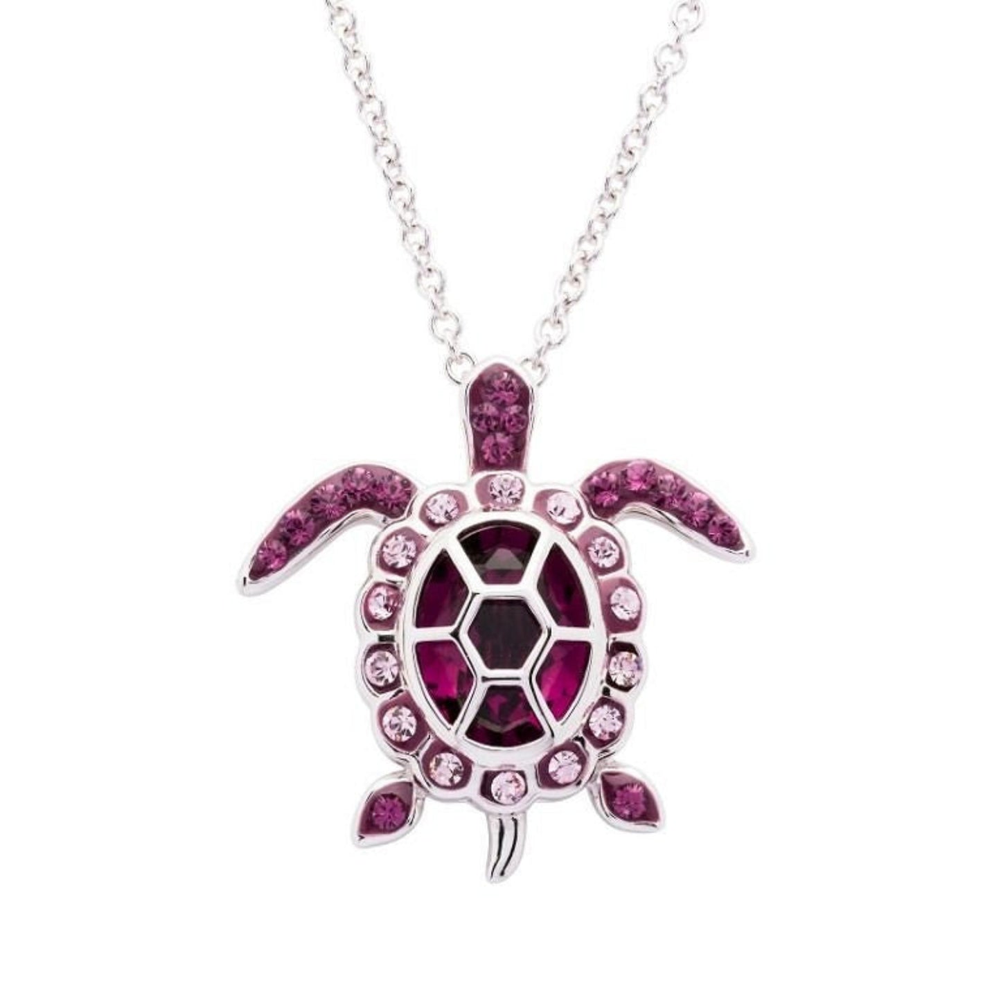 Turtle-shaped necklace with pink gemstones on a white background