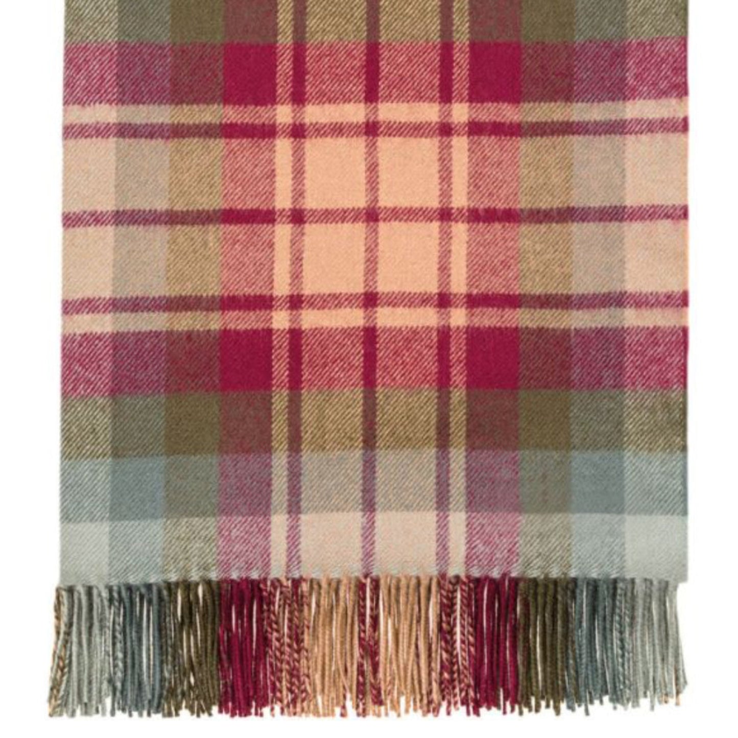 Plaid blanket with fringes in a multicolor pattern on a white background