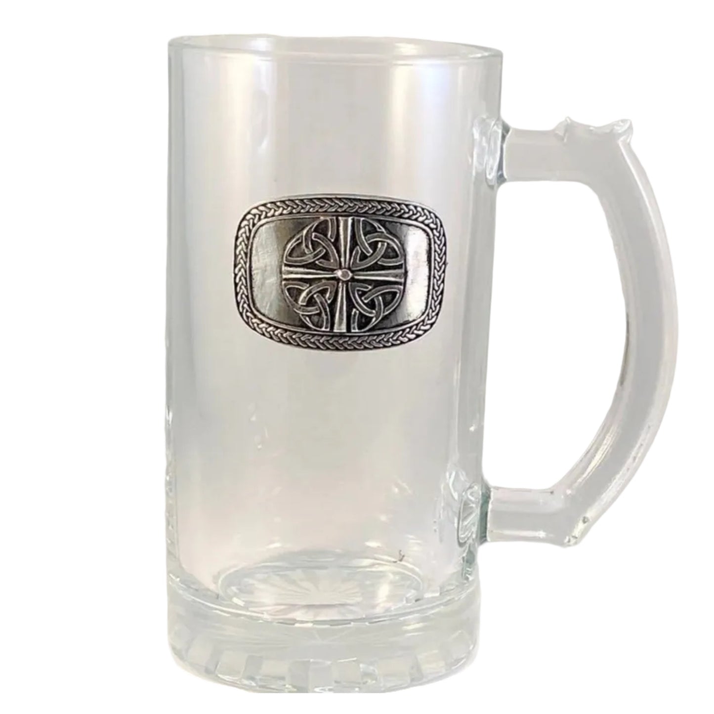 Clear glass mug with a pewter four trinity knot emblem