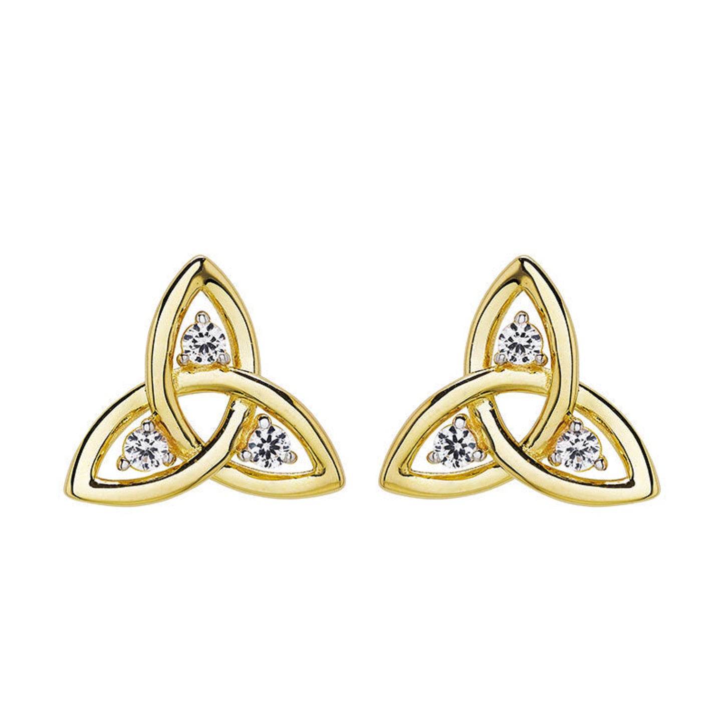 Gold Trinity knot earrings with clear gemstones on a white background