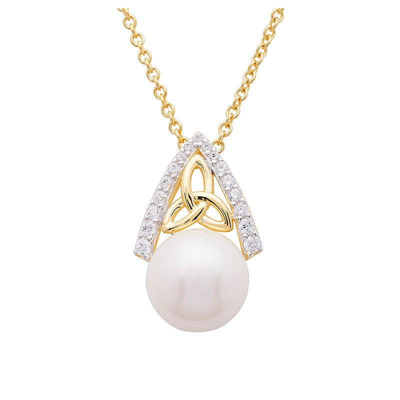 14KT Gold Vermeil Pearl/CZ Trinity Knot Necklace