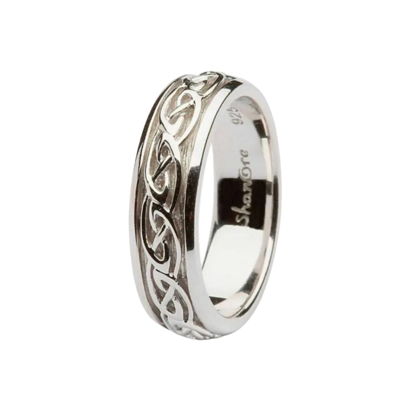 A sterling silver ladies Celtic knot wedding ring with intricate patterns.