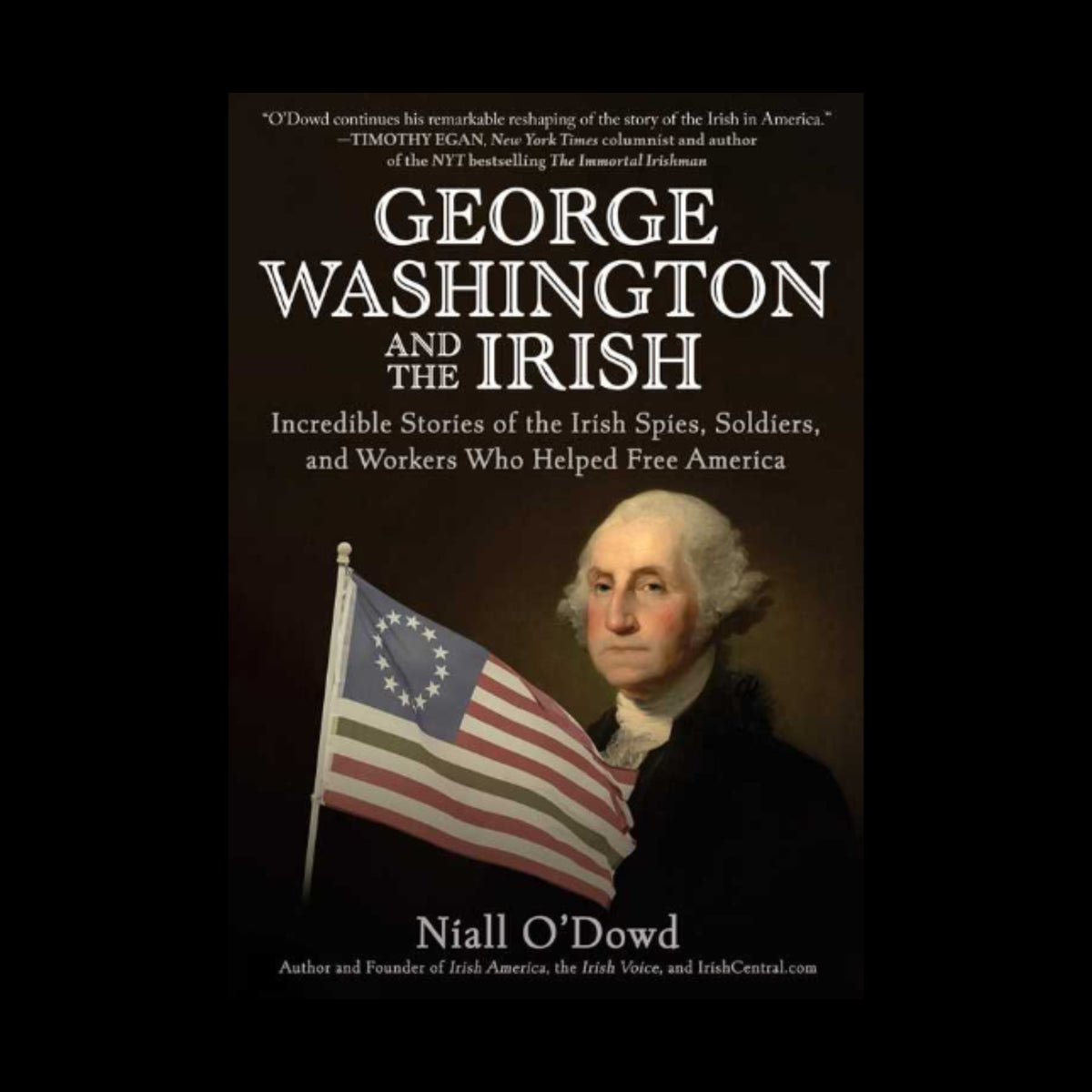 Book cover of 'George Washington and the Irish' with a portrait of George Washington holding an American flag.