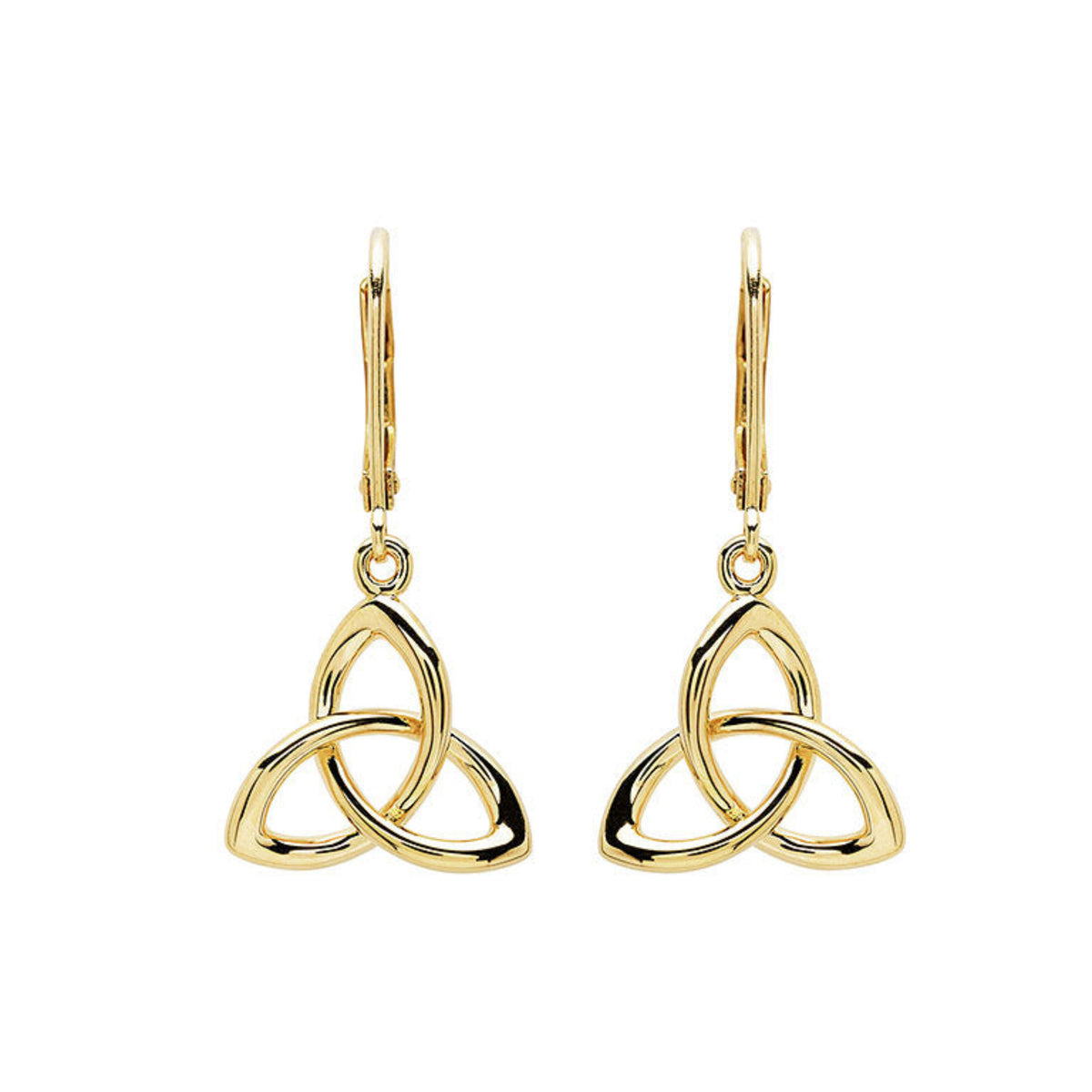 Gold Trinity knot earrings on a white background