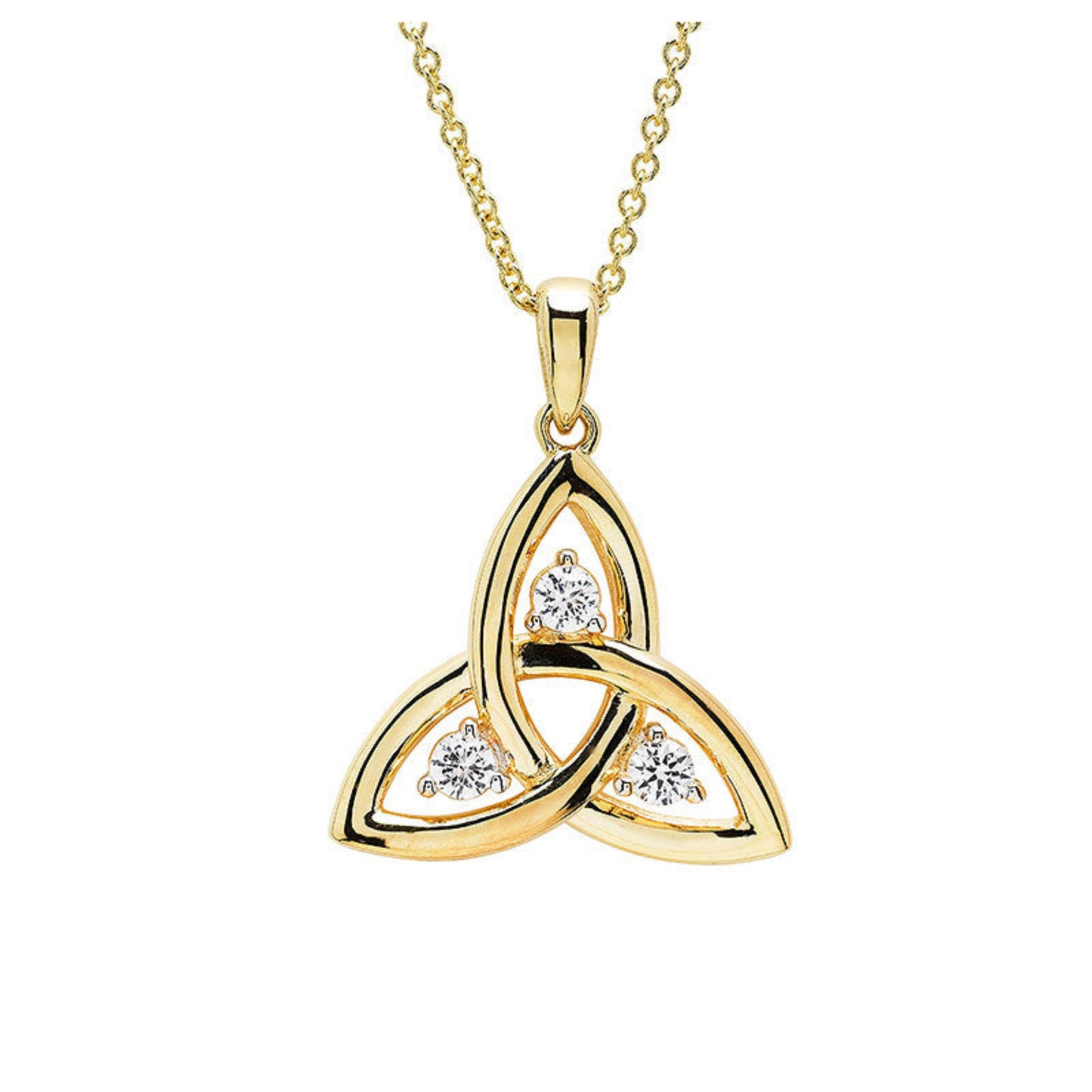 Gold Trinity knot pendant with diamonds on a white background