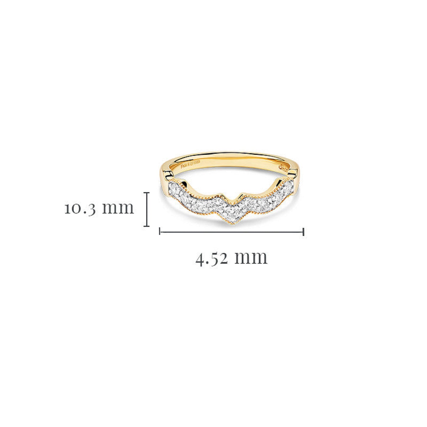 Gold diamond band measuring 10.3 millimeters high and 4.52 millimeters wide.