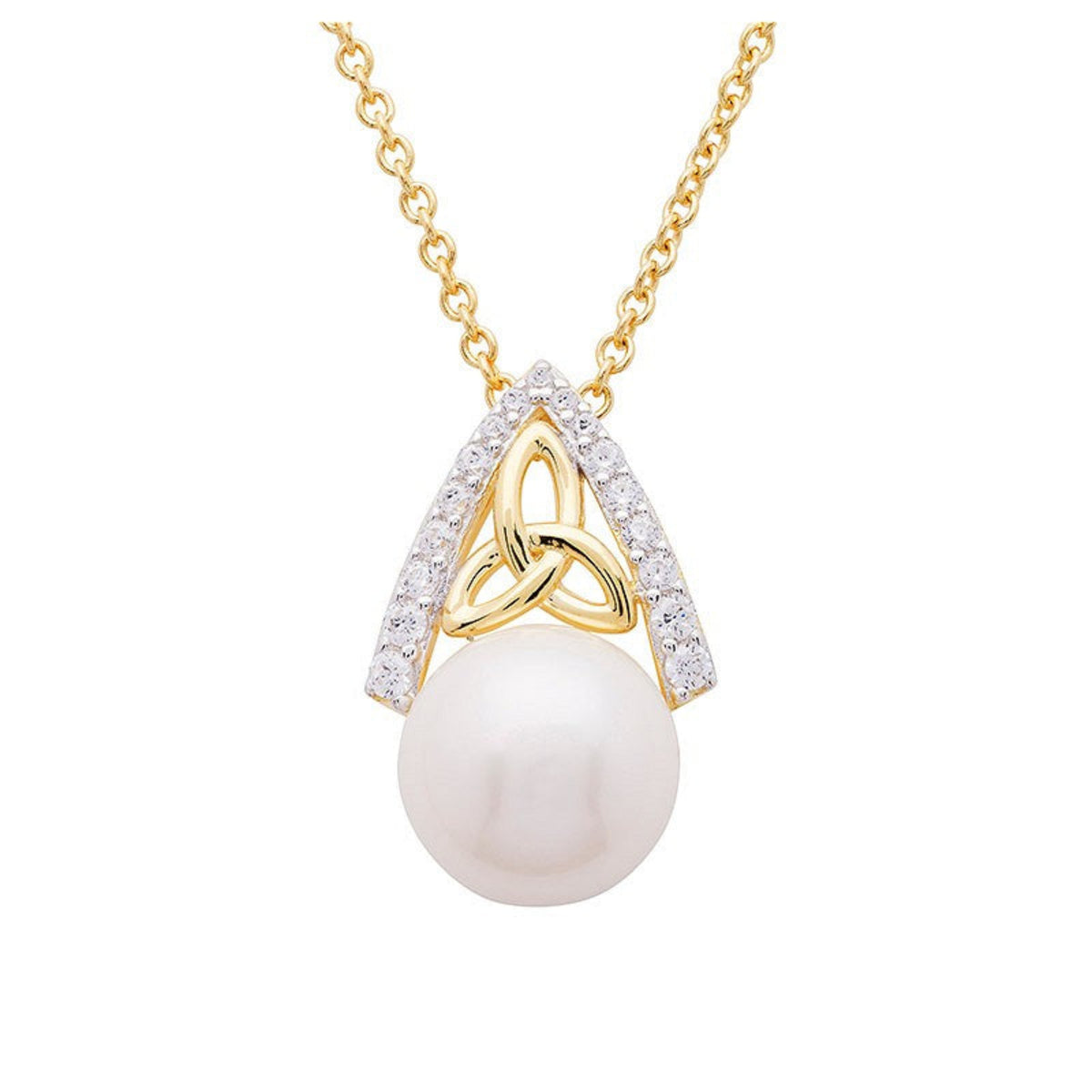 A 14KT gold vermeil necklace with a trinity knot design featuring a central pearl and smaller cubic zirconia stones along the chain.