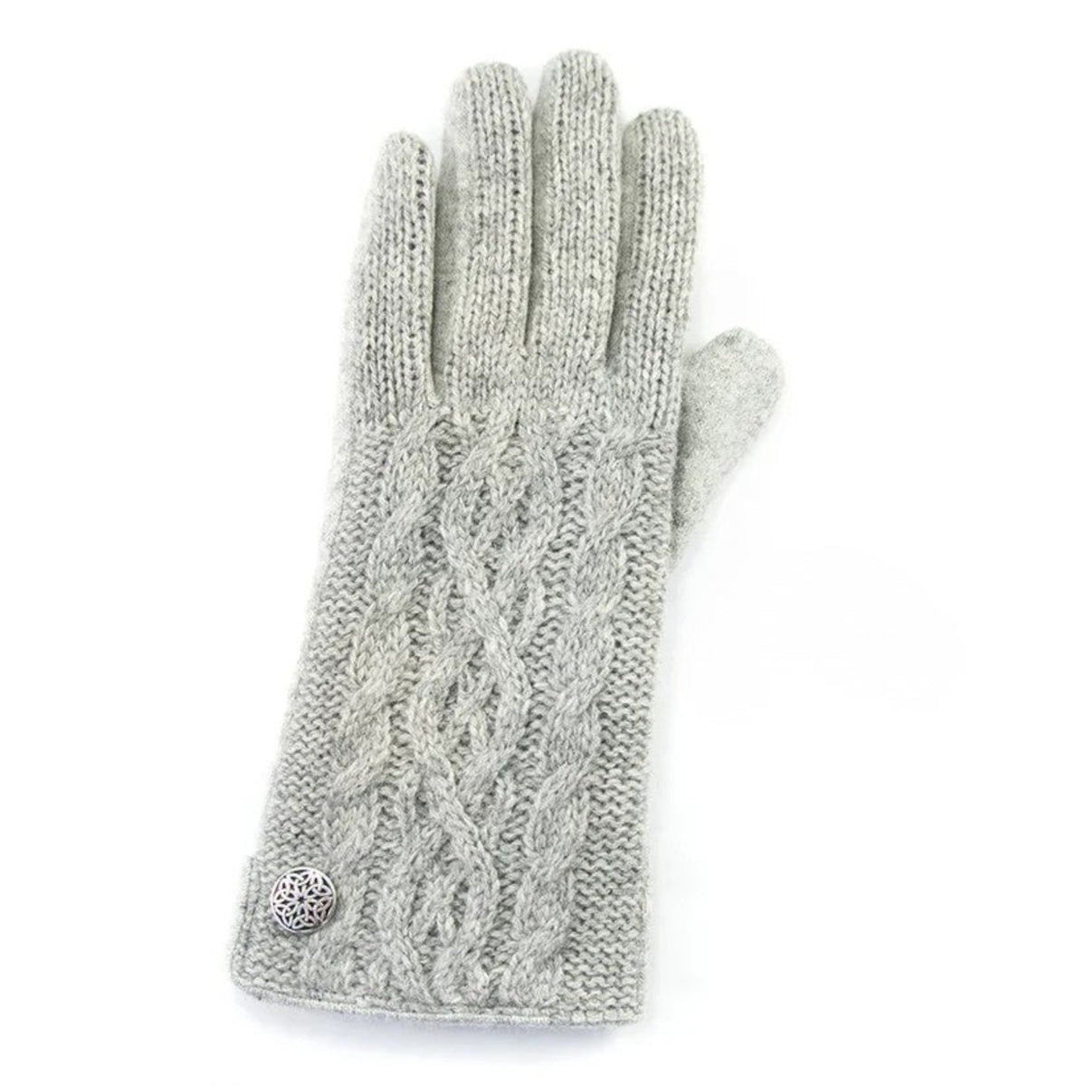 A light gray cable-knit glove with a textured silver button closure, displayed flat against a white background.