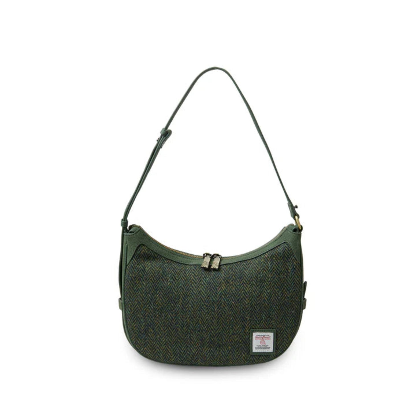 Green shoulder bag with a visible brand label on a white background