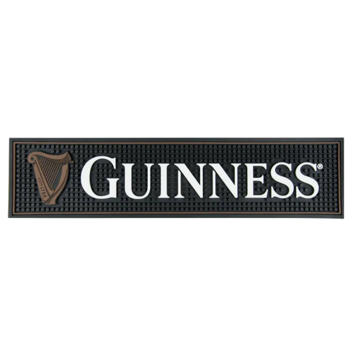 Rectangular bar mat with "Guinness" written inside alongside a brown 1759 Harp.