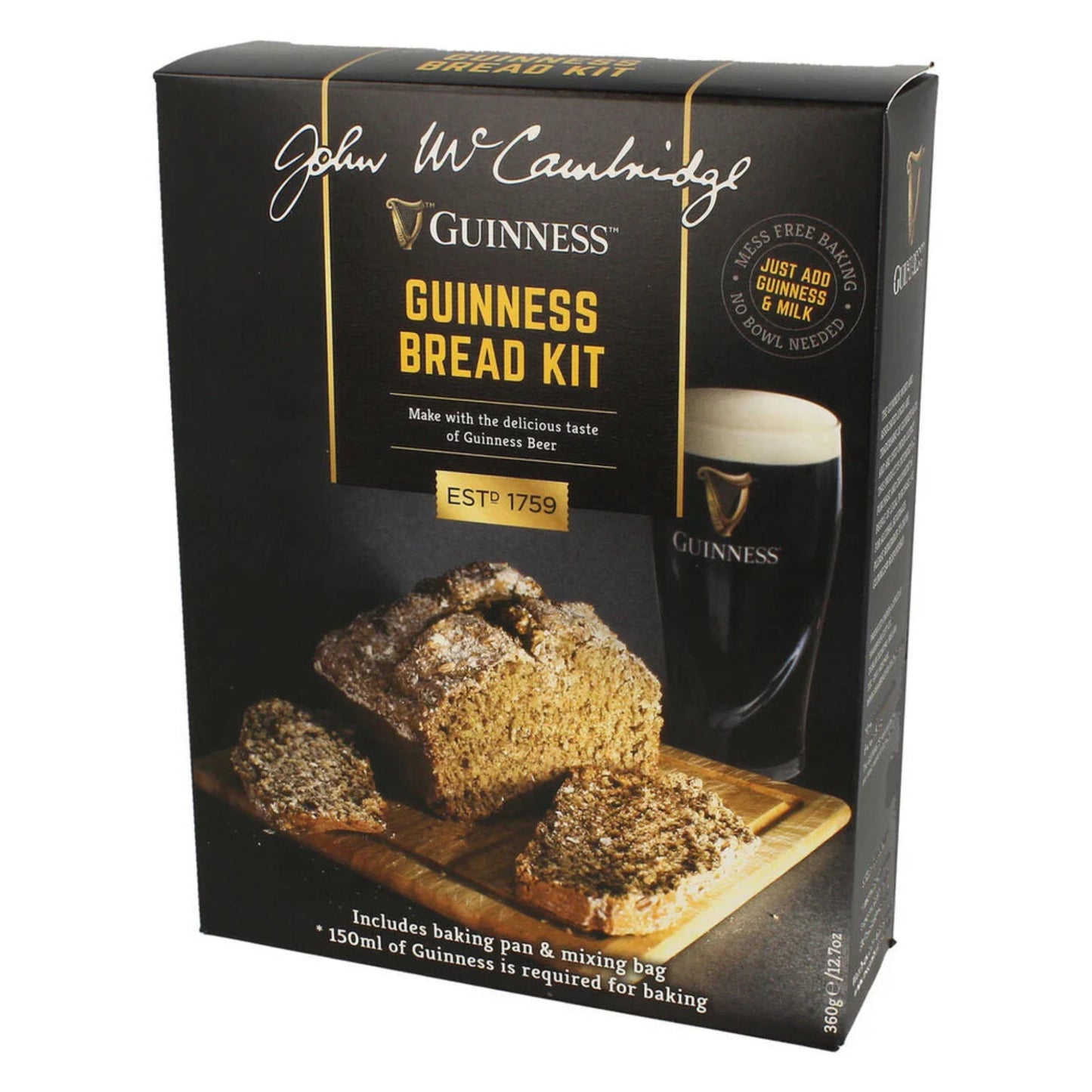 Black box with images of sliced bread and Guinness beer on the front.