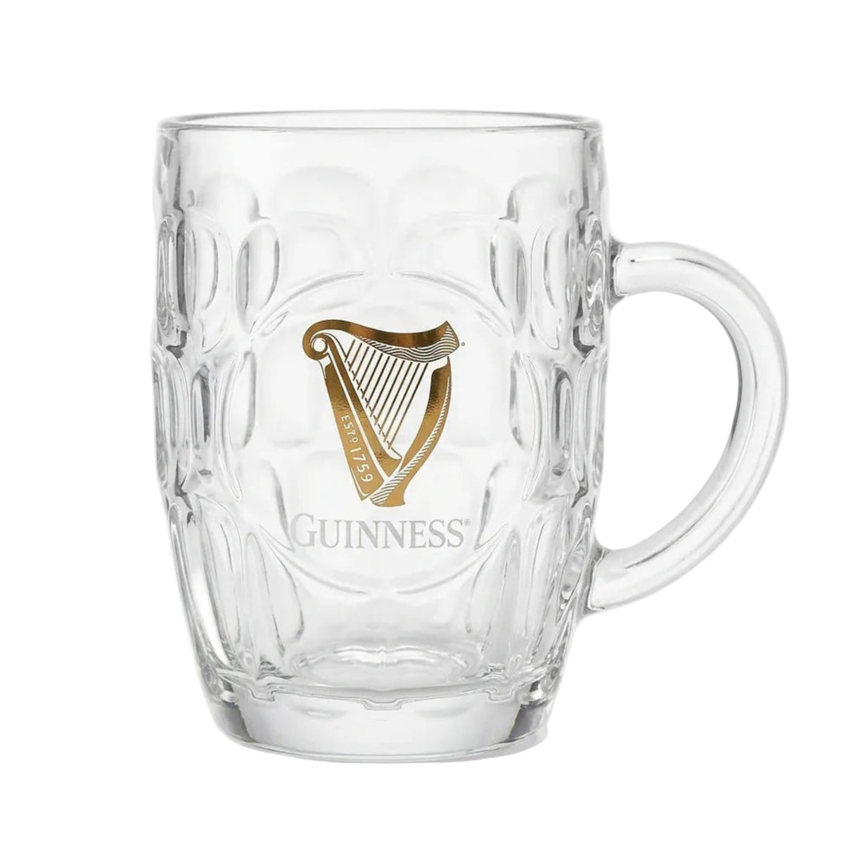 Glass tankard with uniform divots all around and a gold Guinness harp on the front.
