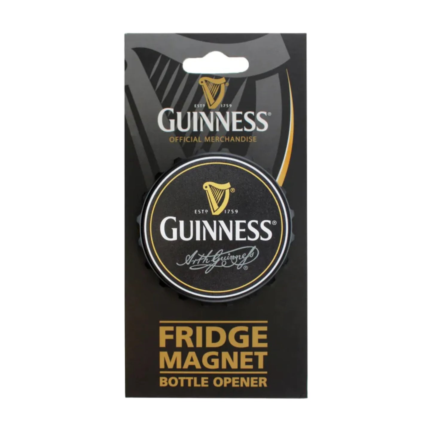 A black bottle cap shaped fridge magnet with the Guinness name, logo, and founder's signature on the front.