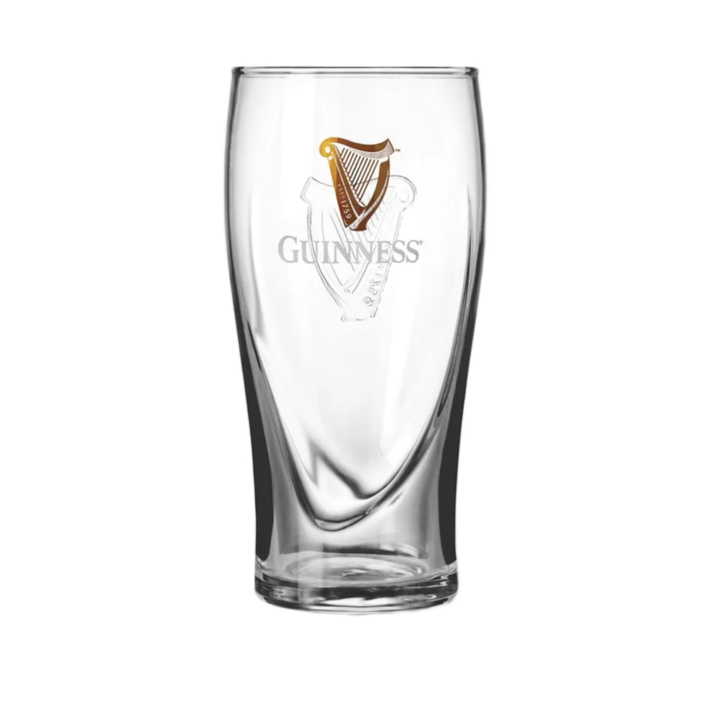 Clear guinness pint glass with the word "guinness" and a golden harp on the front.