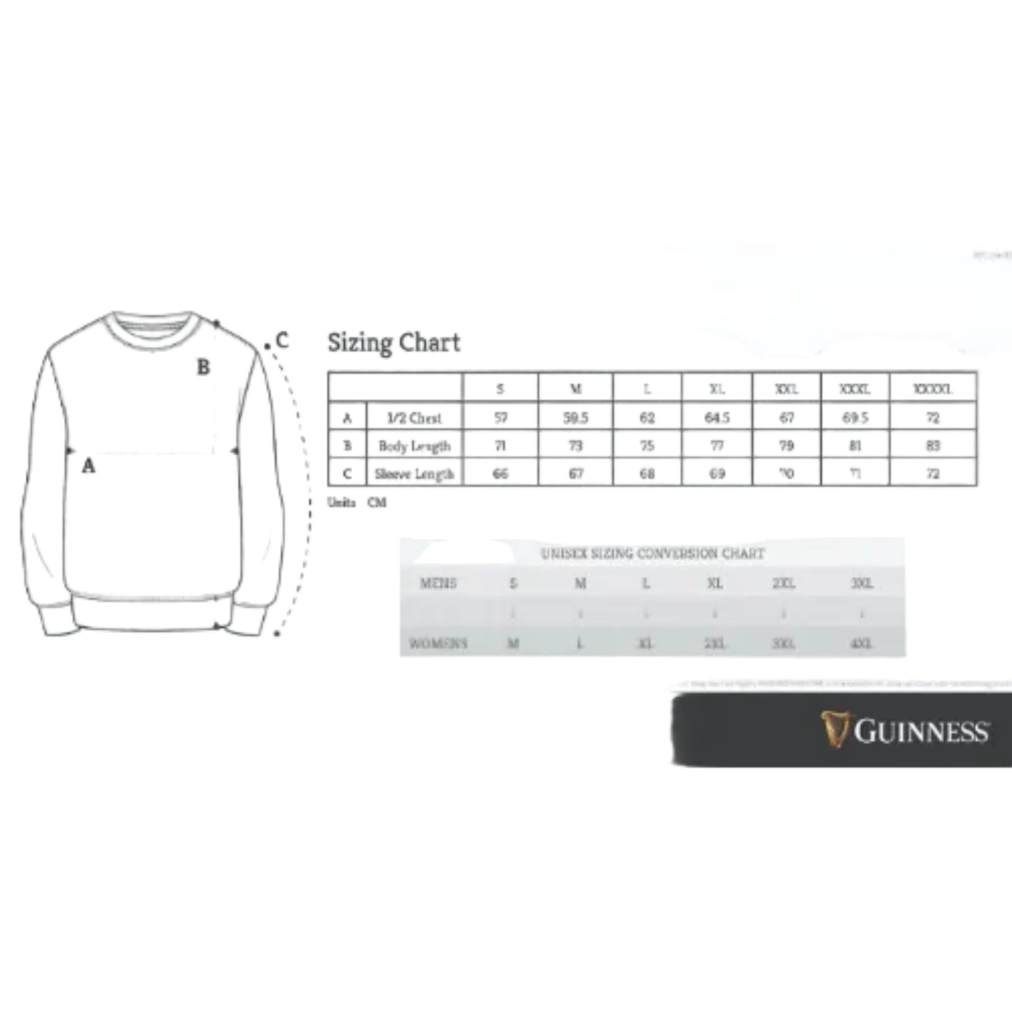 Size chart for Guinness sweatshirts ranging from small to 4XL.