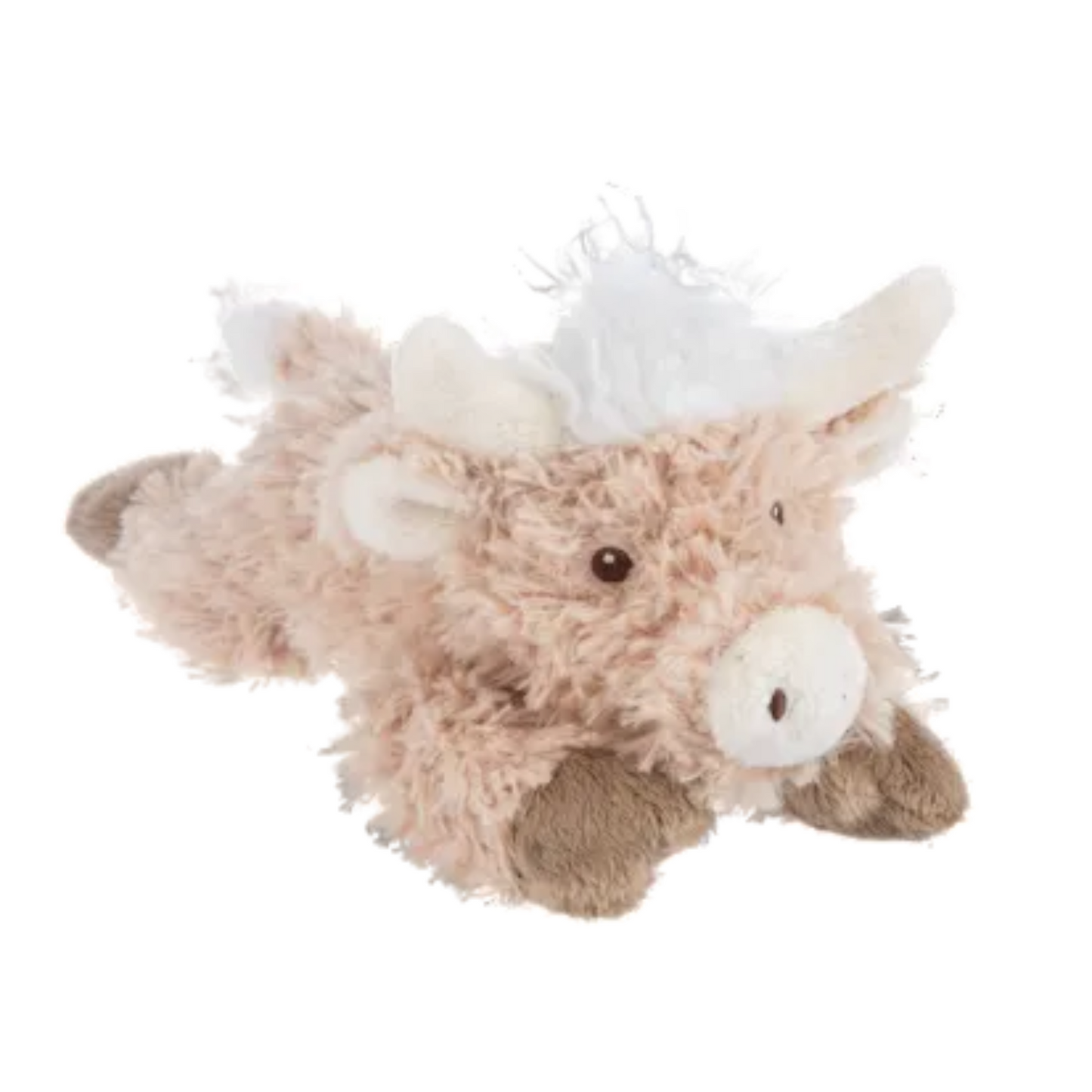 A plush toy resembling a Highland cow with beige and brown fur, white hooves, and a white face.