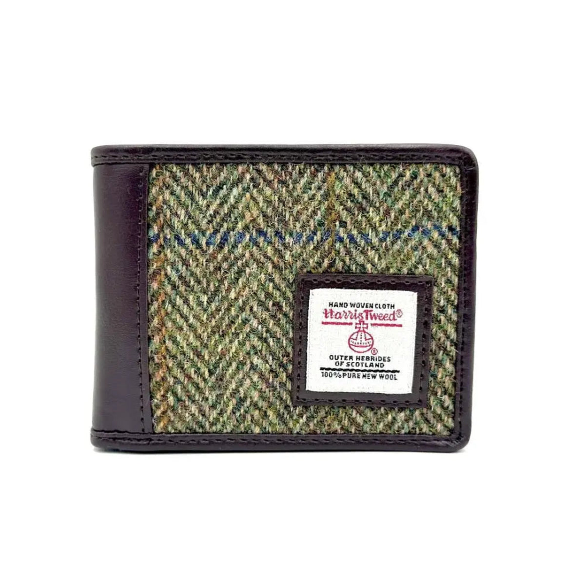Woven wallet with Harris Tweed label on a white background