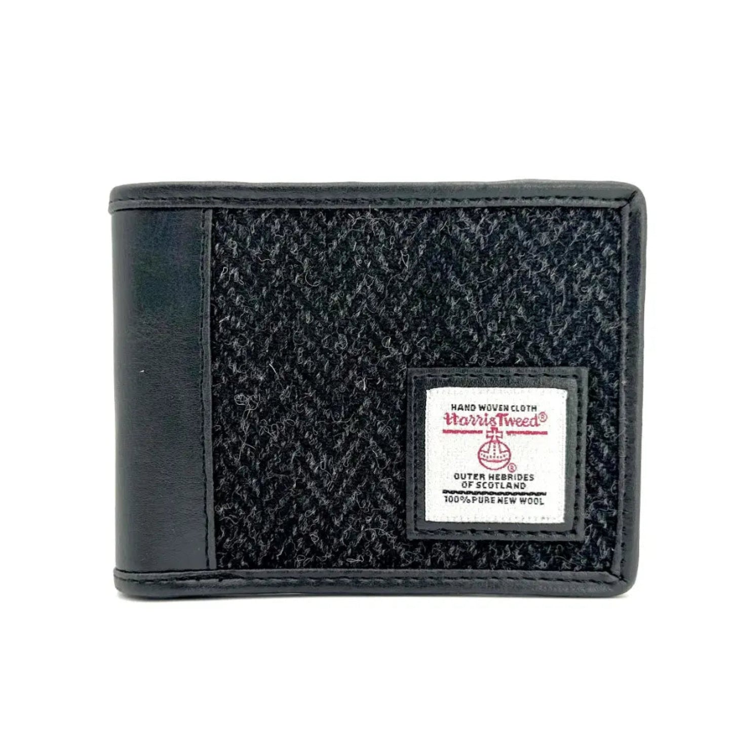 Black textured wallet with Harris Tweed label on a white background