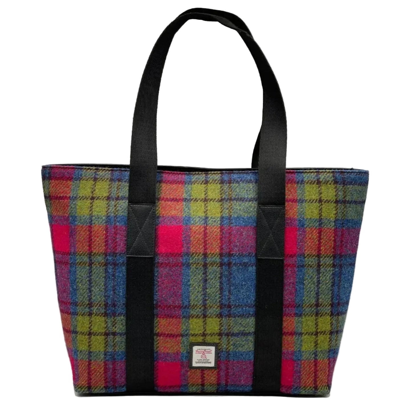 Multicolored plaid tote bag with black handles on a white background