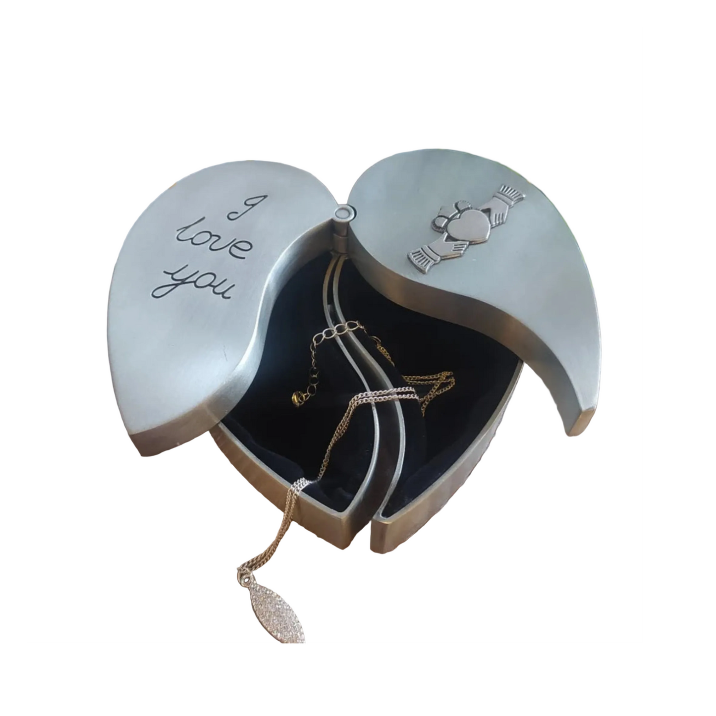 Open heart-shaped jewelry box with 'I love you' engraving and necklaces inside.