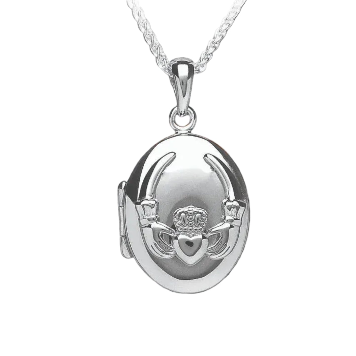 Silver claddagh locket necklace with a white background