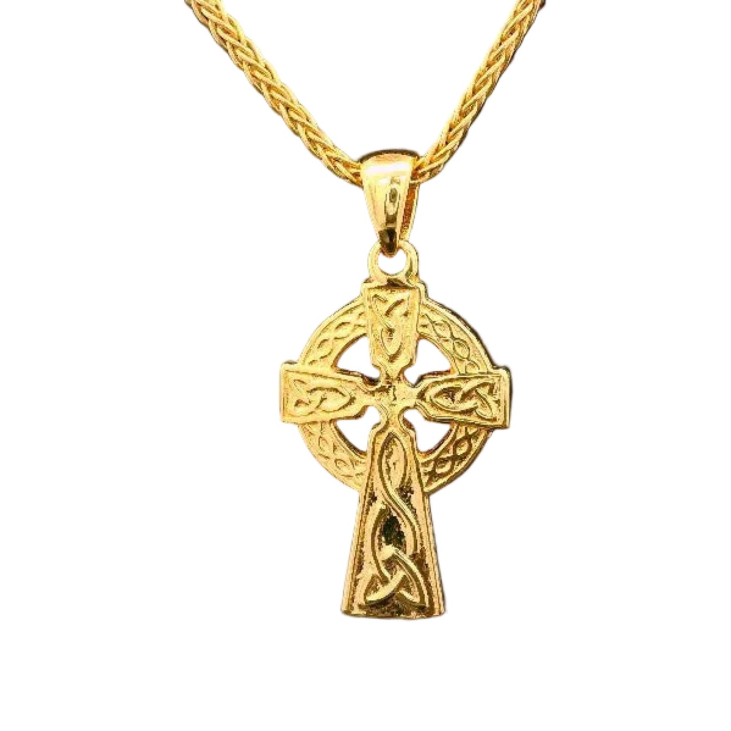 Gold Celtic cross pendant on a white background