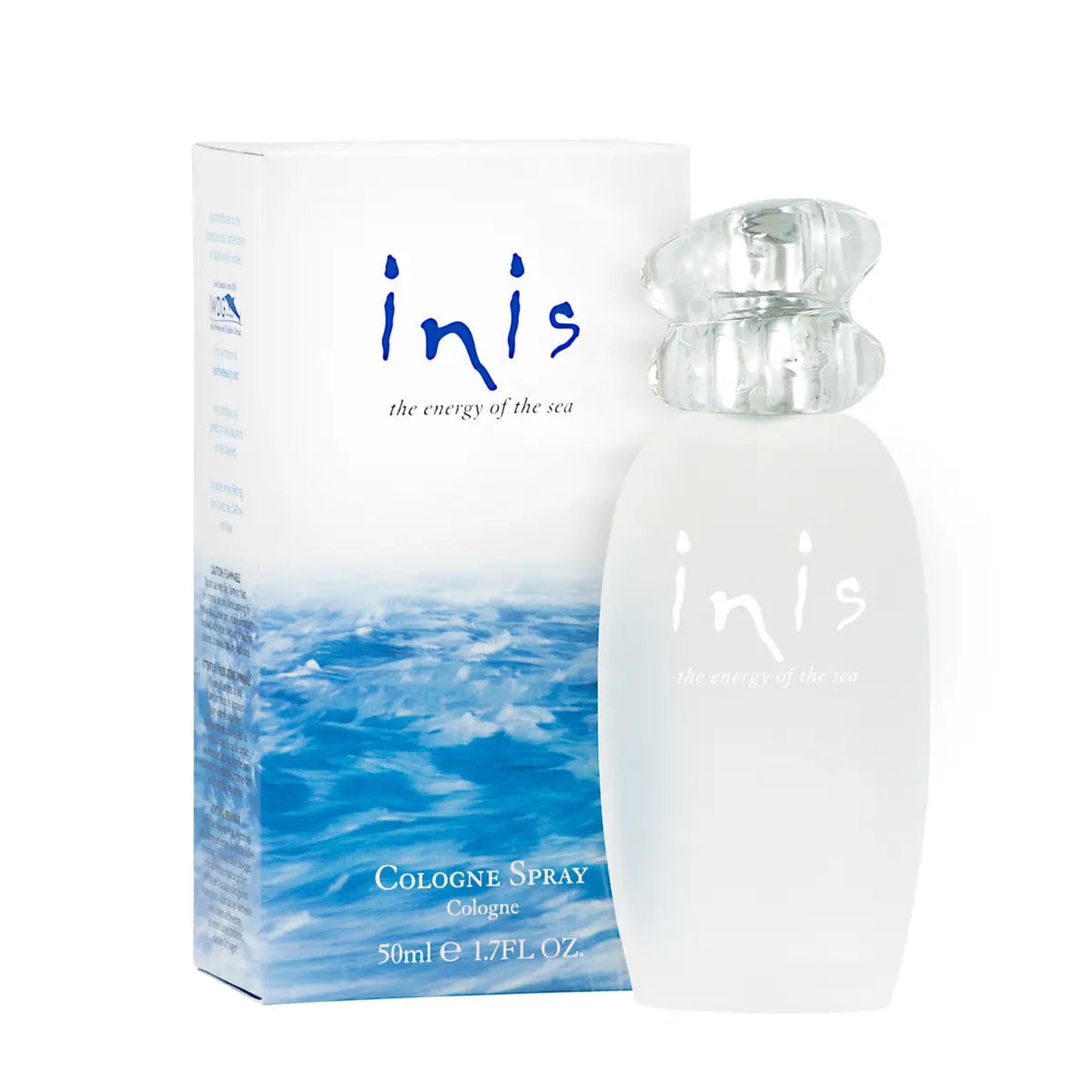 A 1.7oz bottle of Inis cologne spray next to a white and blue wave-themed box.