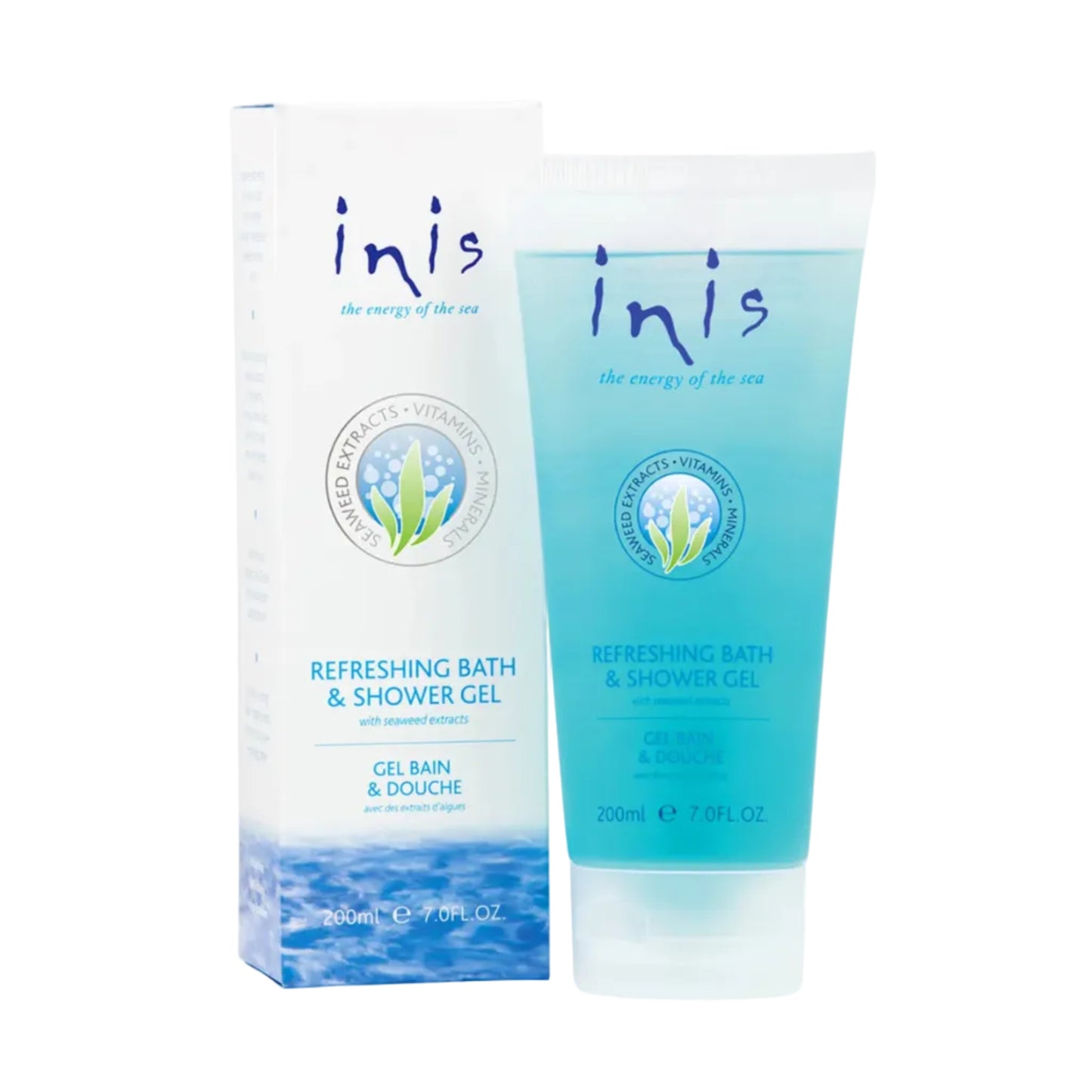 Clear tube of blue inis shower gel next to a white box.