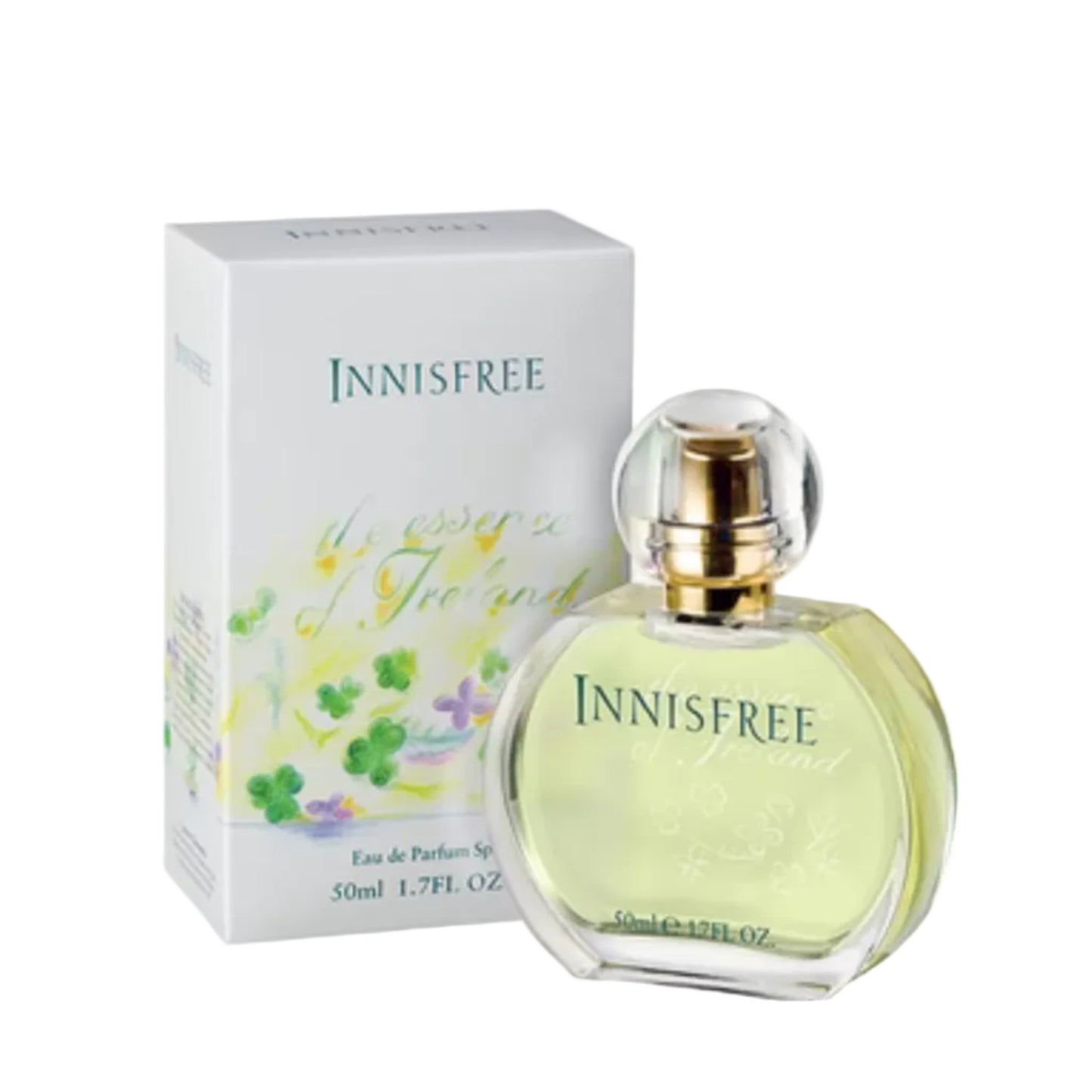 A bottle of Innisfree perfume with its packaging box, both featuring a floral design. The bottle is clear with a gold-colored cap, and the box is white with a gold-colored spine and a transparent window showing the perfume inside.