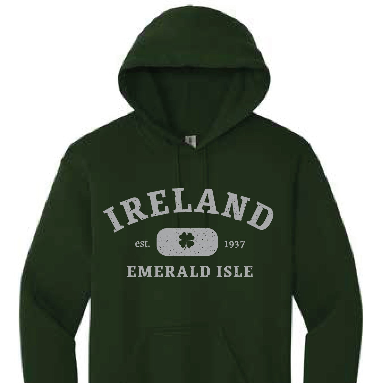 Green hoodie with 'IRELAND EMERALD ISLE' text and a four-leaf clover symbol on the front.