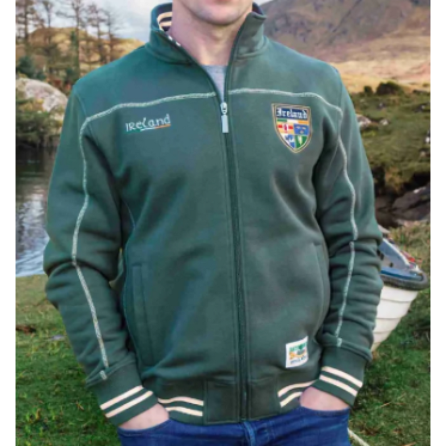 Man wearing a green jacket with 'Retro Irish Heritage Collection' branding outdoors.
