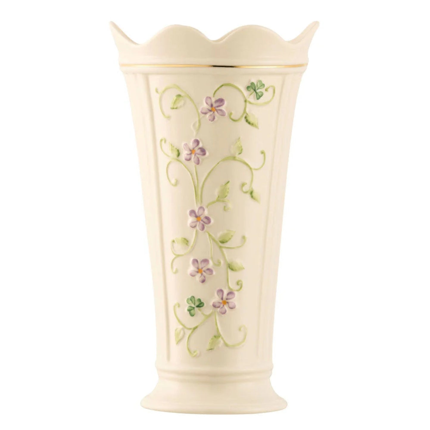 Cream-colored vase with floral designs on a white background