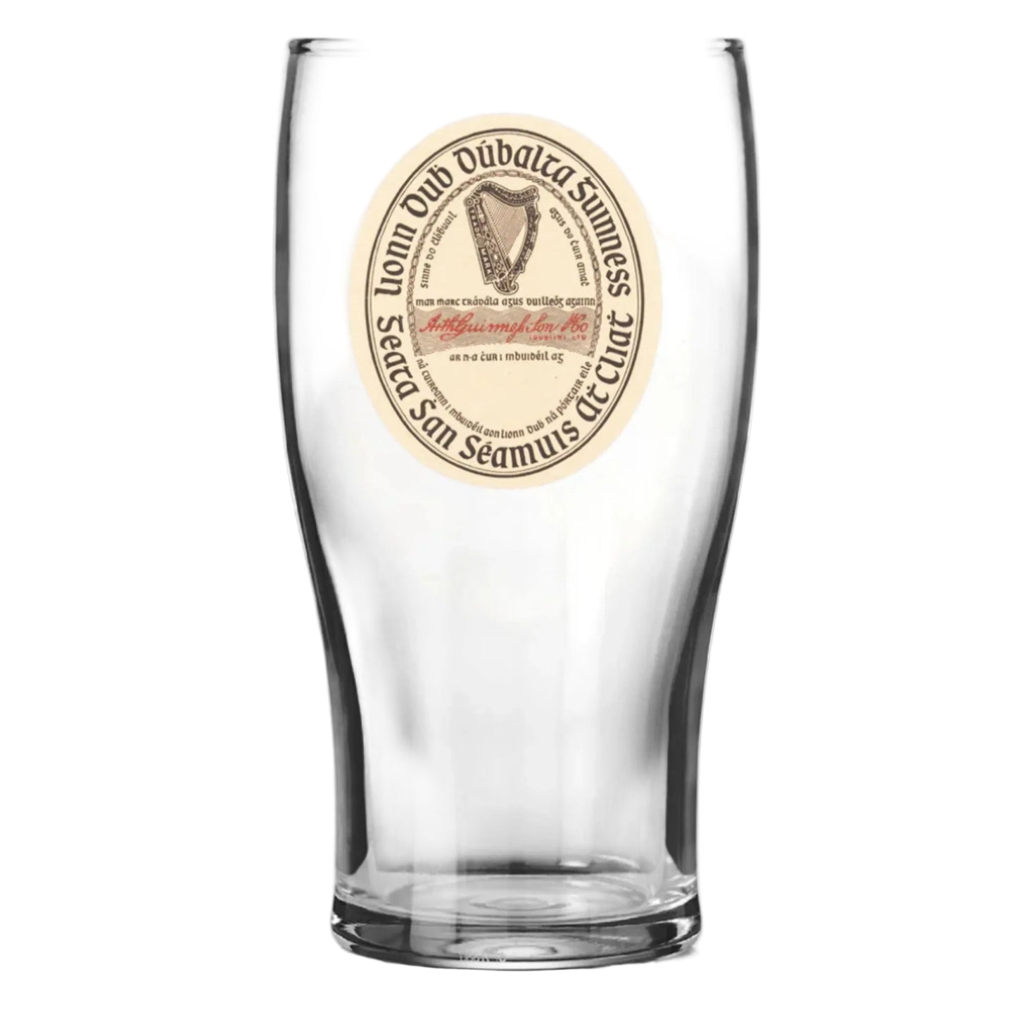 Clear glass with a Guinness label on a white background