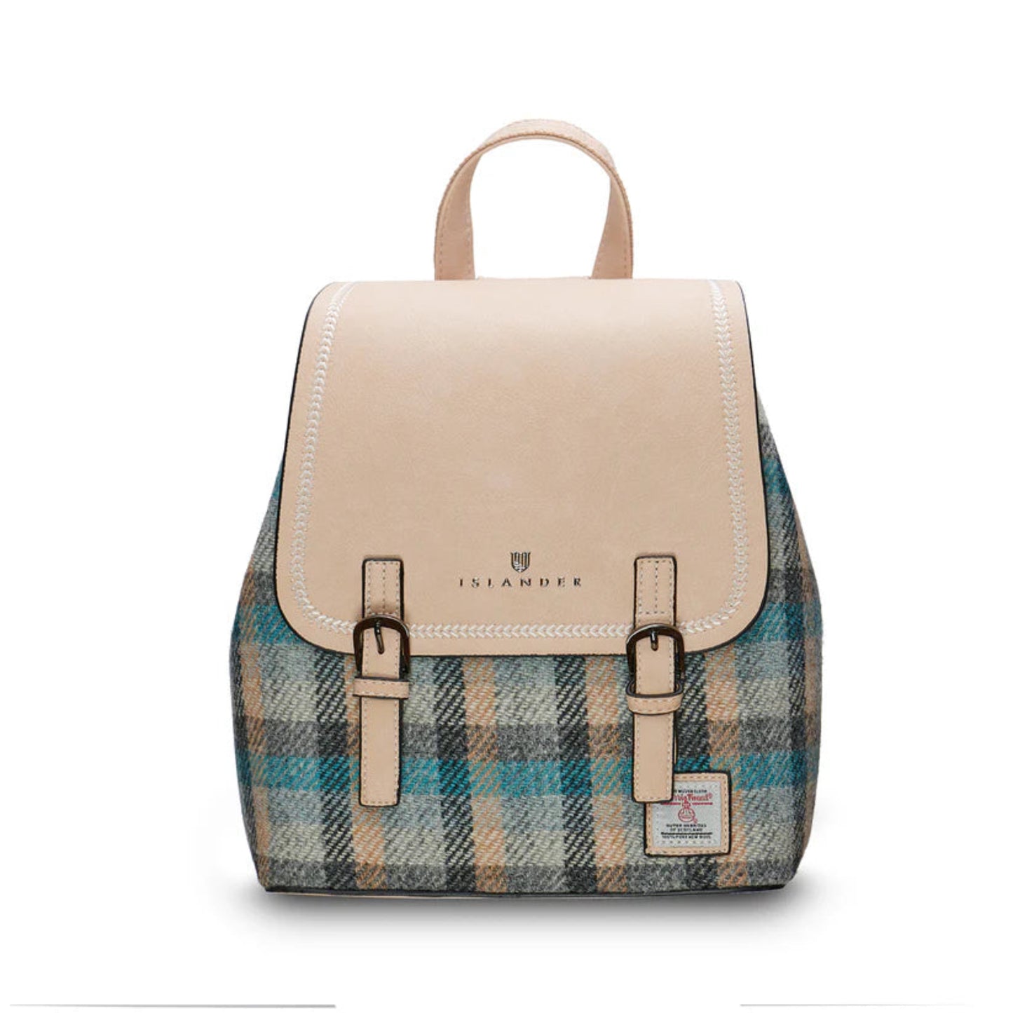 Backpack with plaid pattern and beige accents on a white background