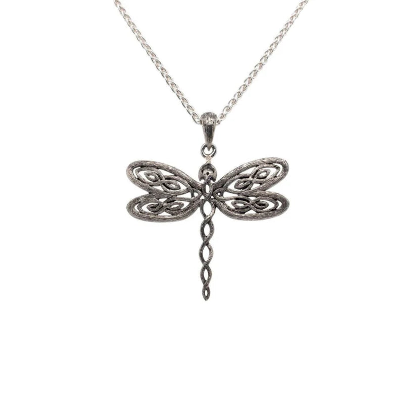 Dragonfly pendant made of silver celtic knotwork. Hanging from a sterling silver chain.