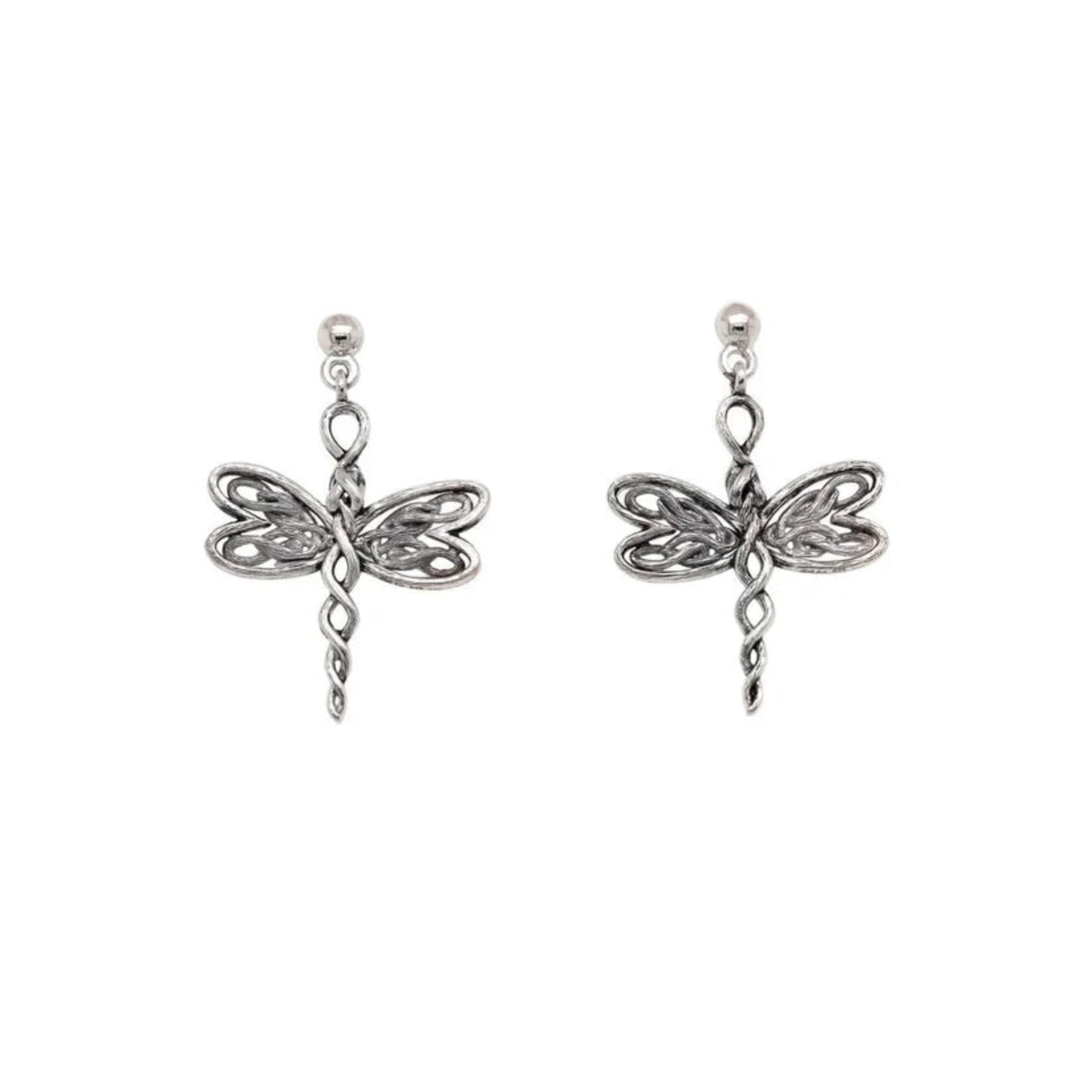 A pair of celtic knotwork silver dragonfly post earrings