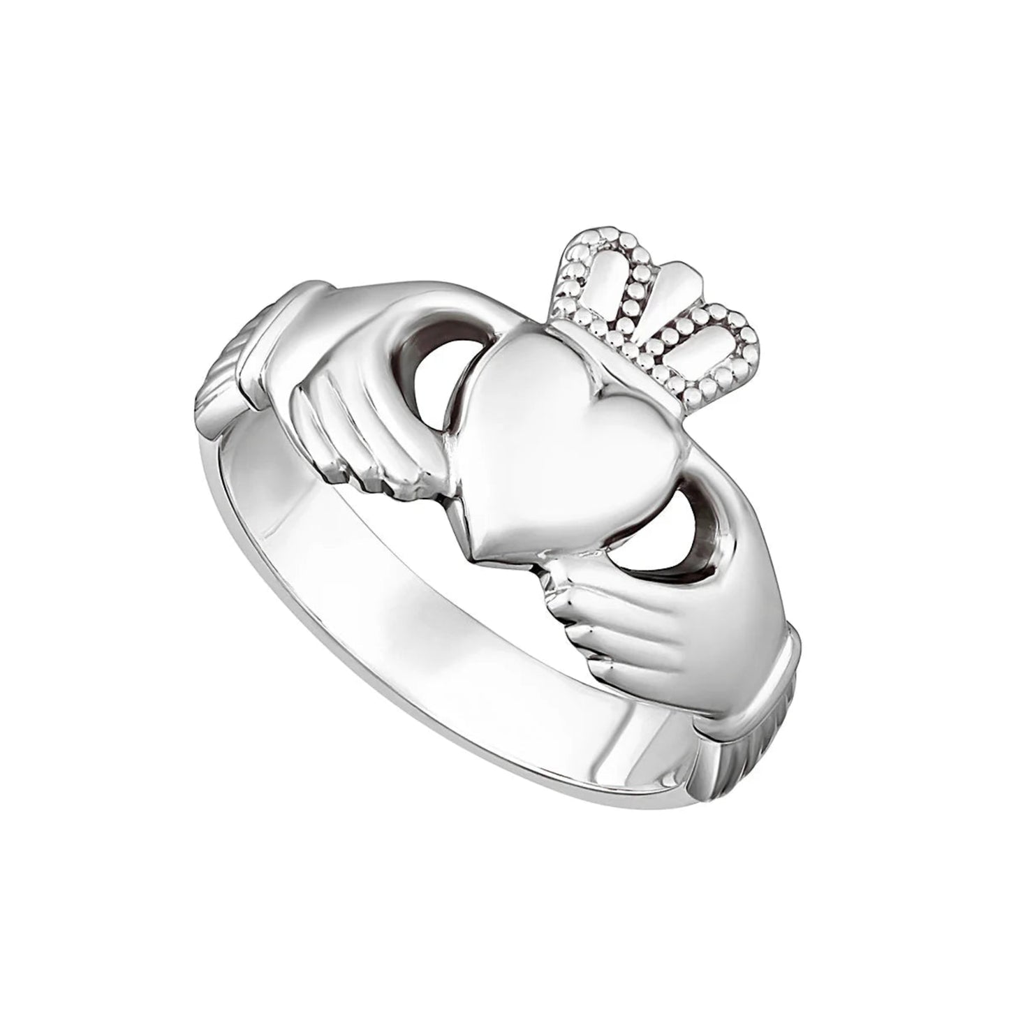 A thick-banded sterling silver Claddagh ring featuring a heart, hands, and a crown design.