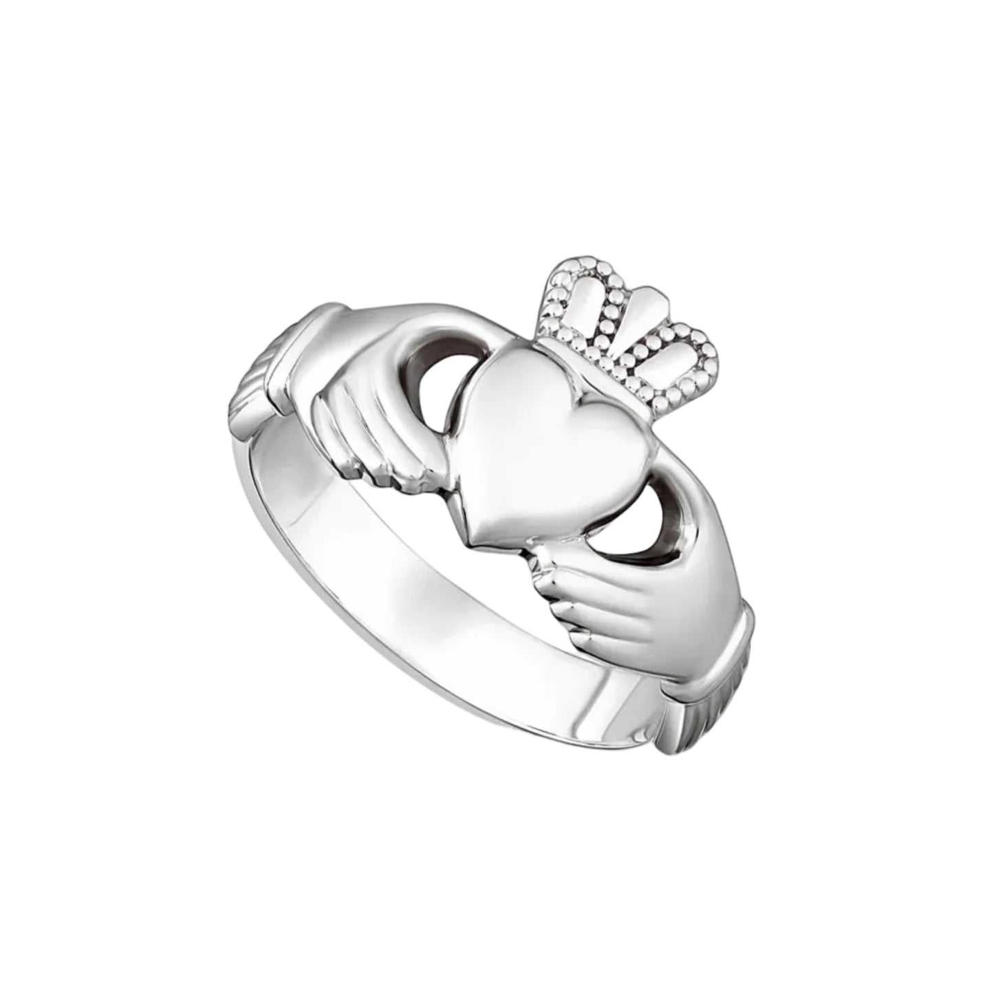 A thick-banded sterling silver Claddagh ring featuring a heart, hands, and a crown design.