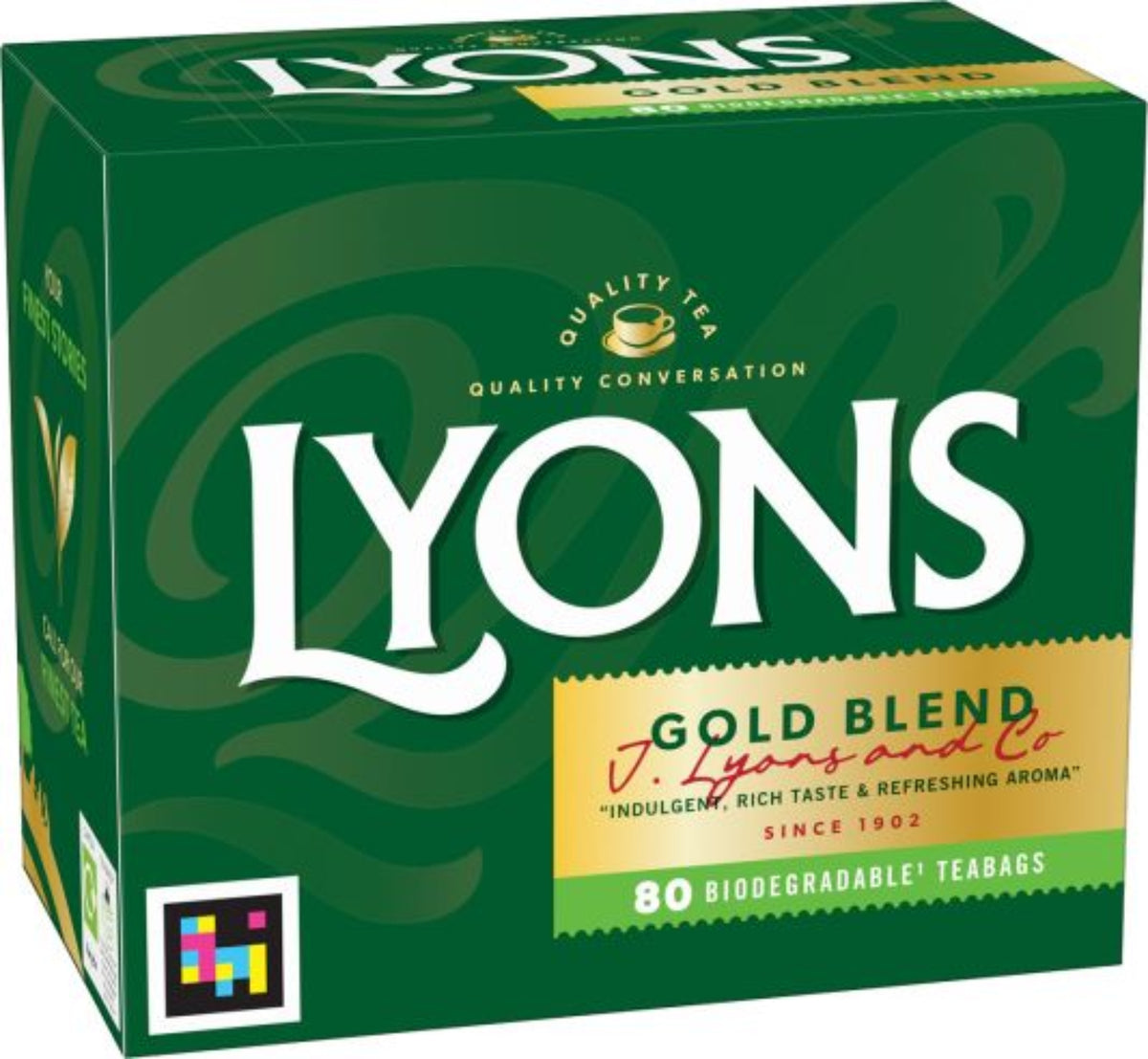 Box of Lyons Gold Blend tea with green and yellow design